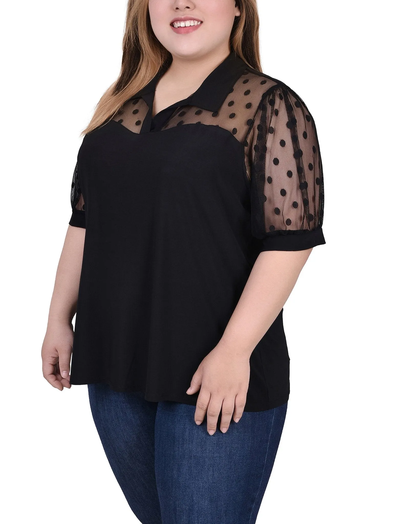 Black Short Sleeve Top With Dotted Mesh - Plus sold by Dress Barn product image thumbnail 2