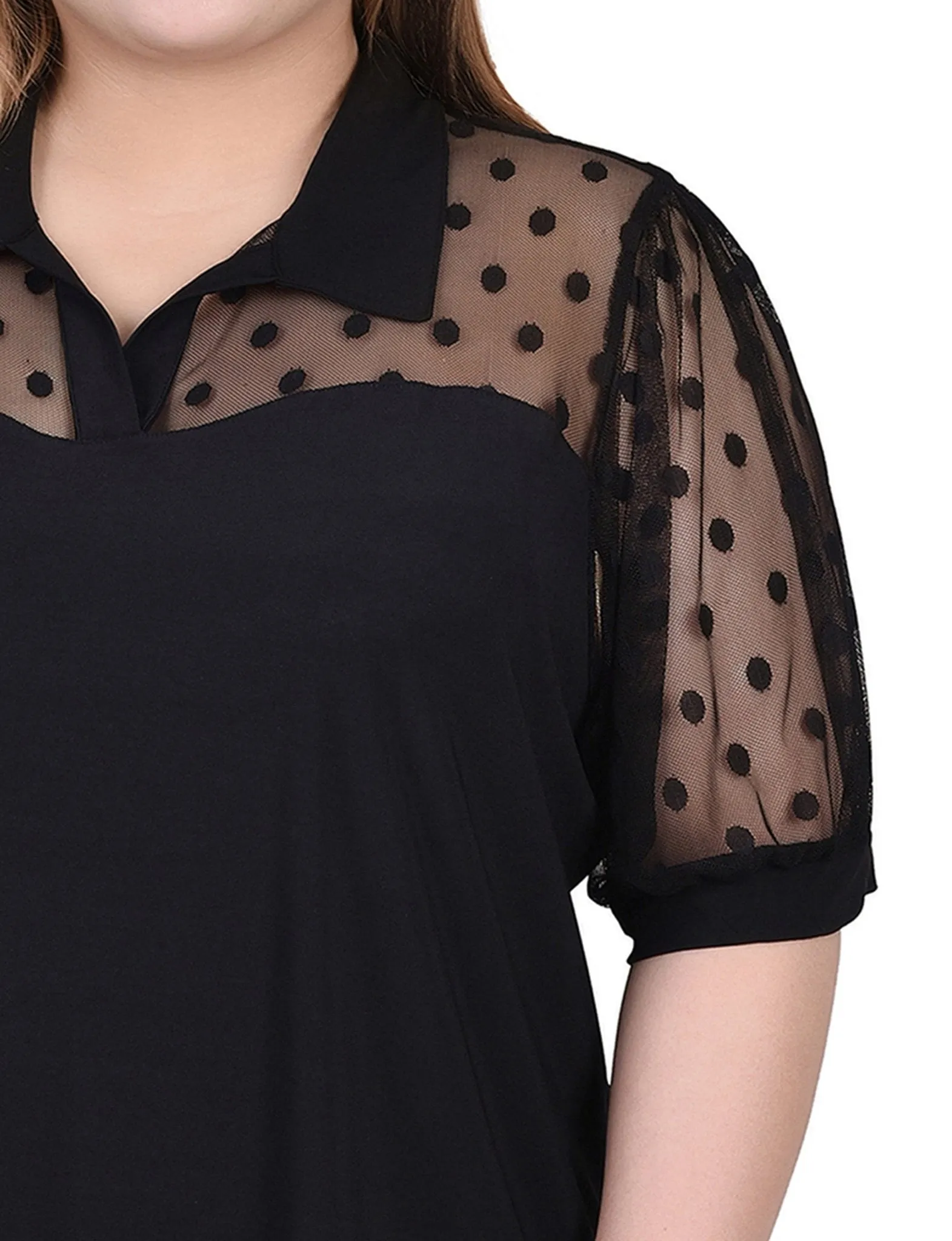 Black Short Sleeve Top With Dotted Mesh - Plus sold by Dress Barn product image thumbnail 3