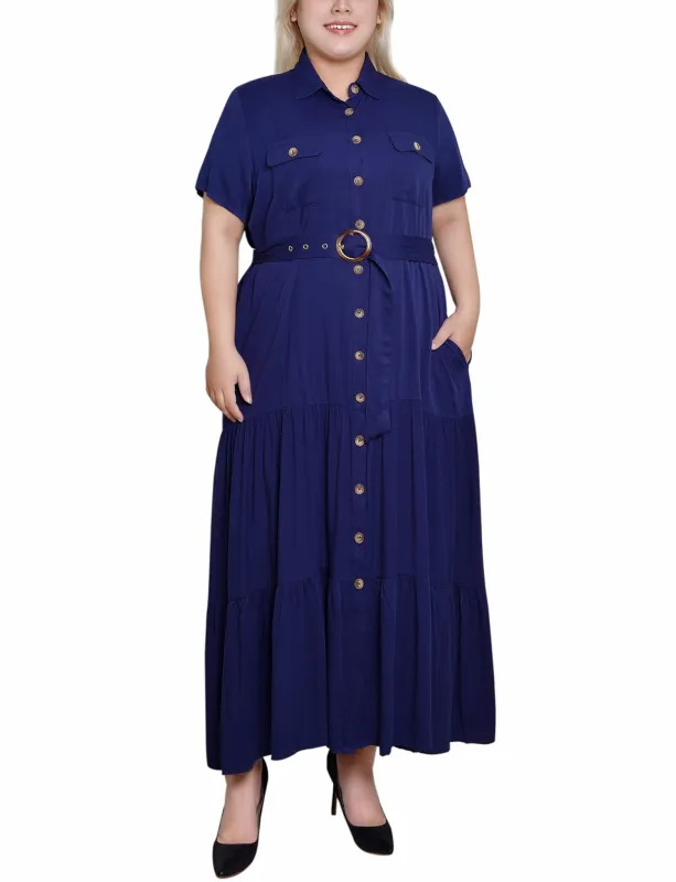 Navy Short Sleeve Midi Twill Dress - Plus sold by Dress Barn