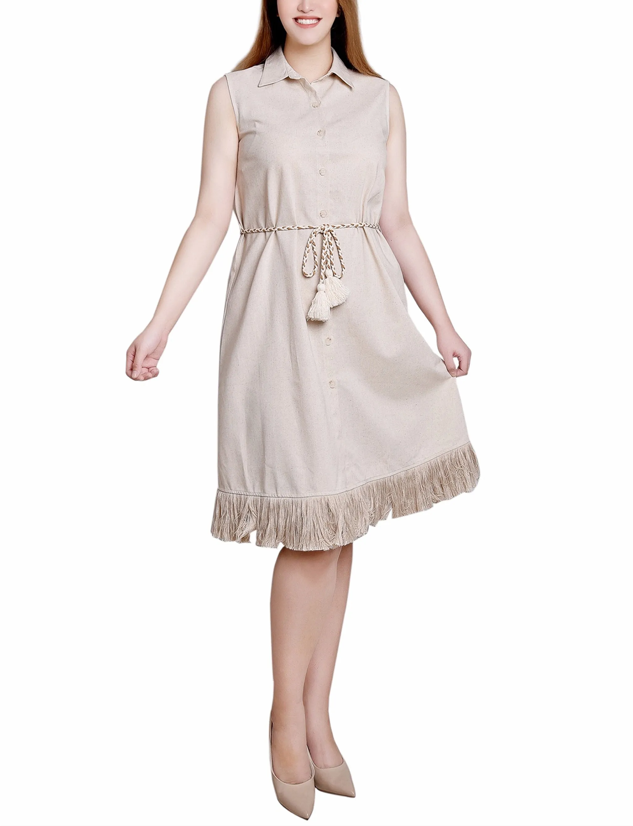 Beige Sleeveless Belted Fringed Dress - Petite sold by Dress Barn