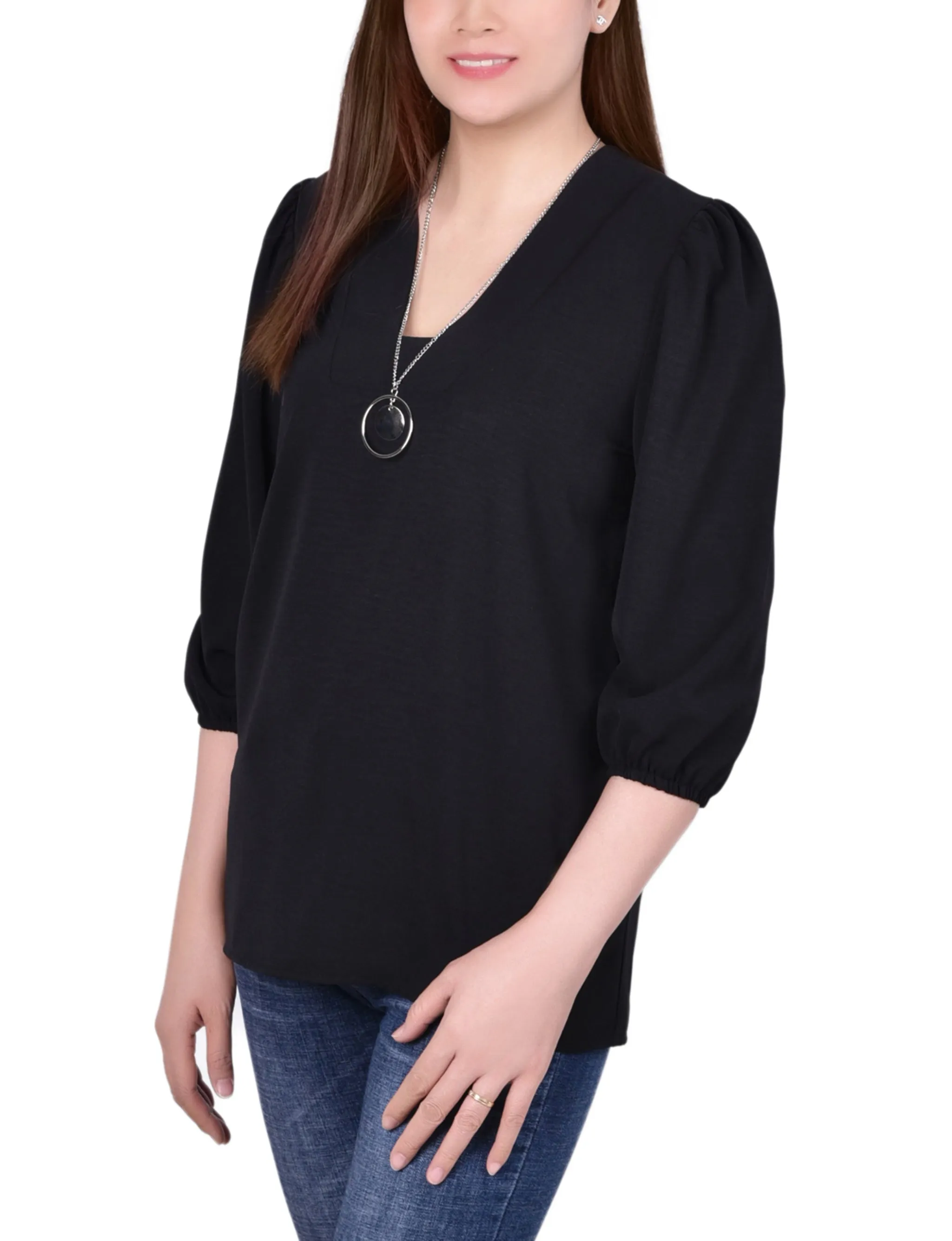 Black 3/4 Sleeve Blouse With Necklace - Petite sold by Dress Barn product image thumbnail 2