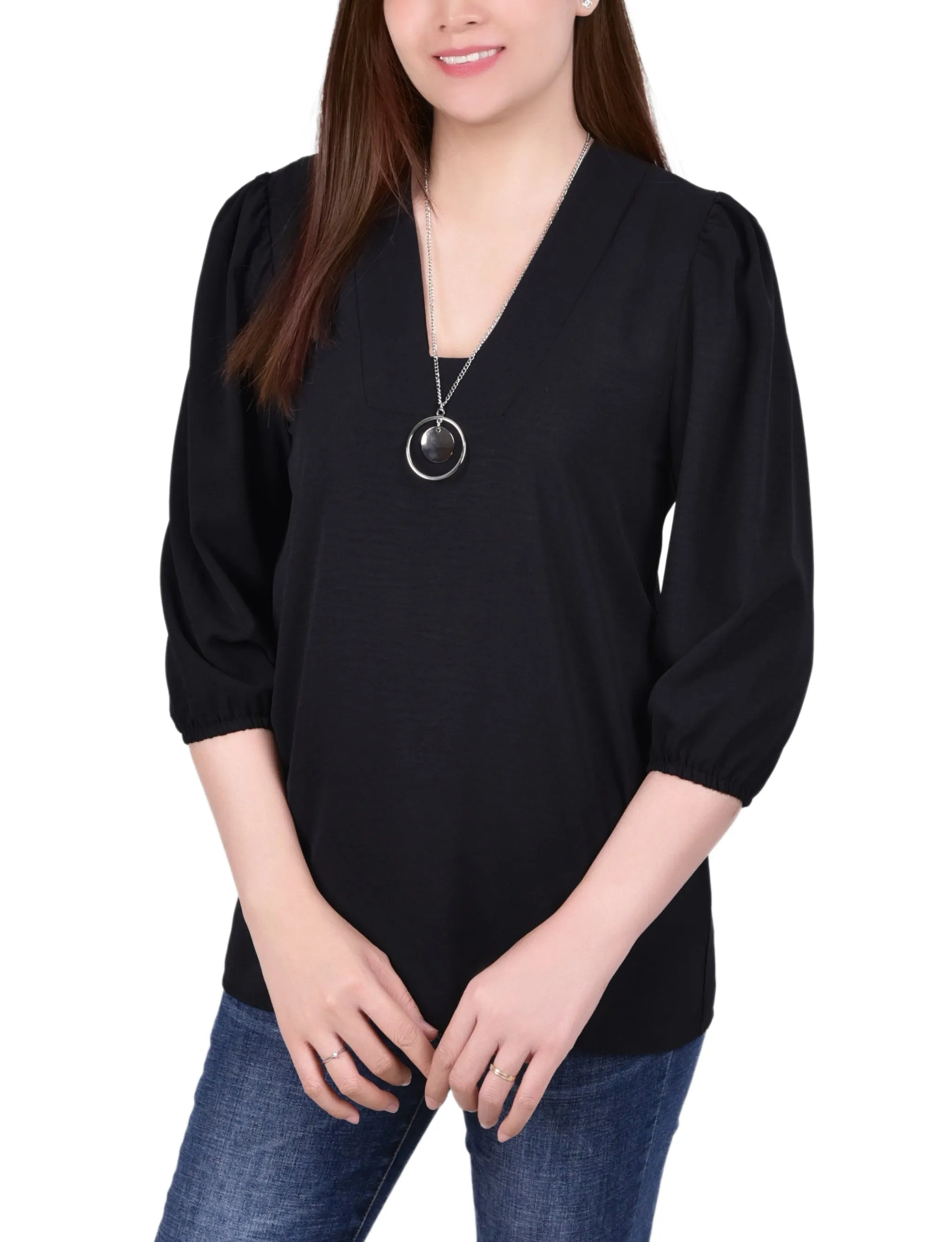 Black 3/4 Sleeve Blouse With Necklace - Petite sold by Dress Barn