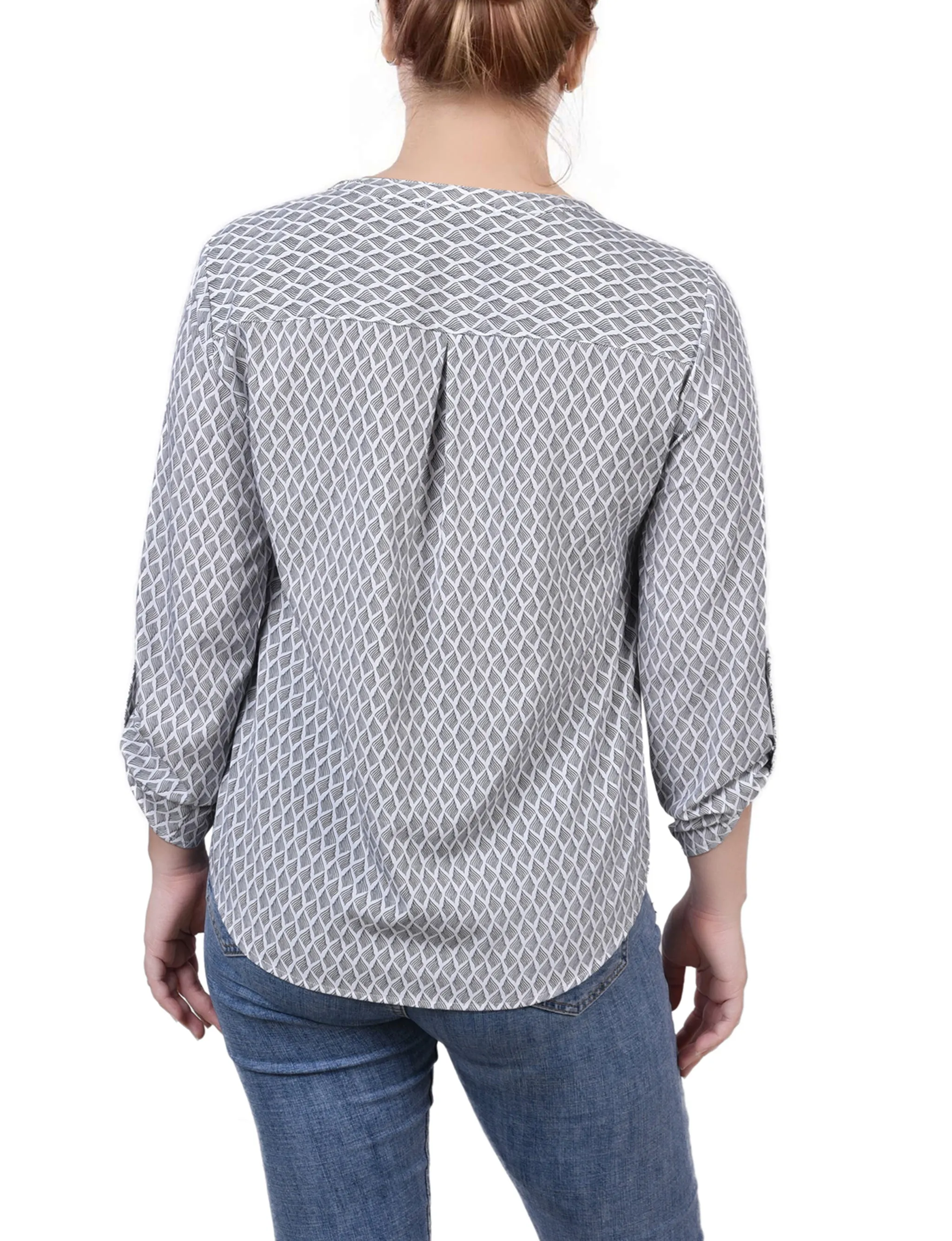 Black White Abstract 3/4 Roll Tab Sleeve Mandarin Collar Blouse - Petite sold by Dress Barn product image thumbnail 4