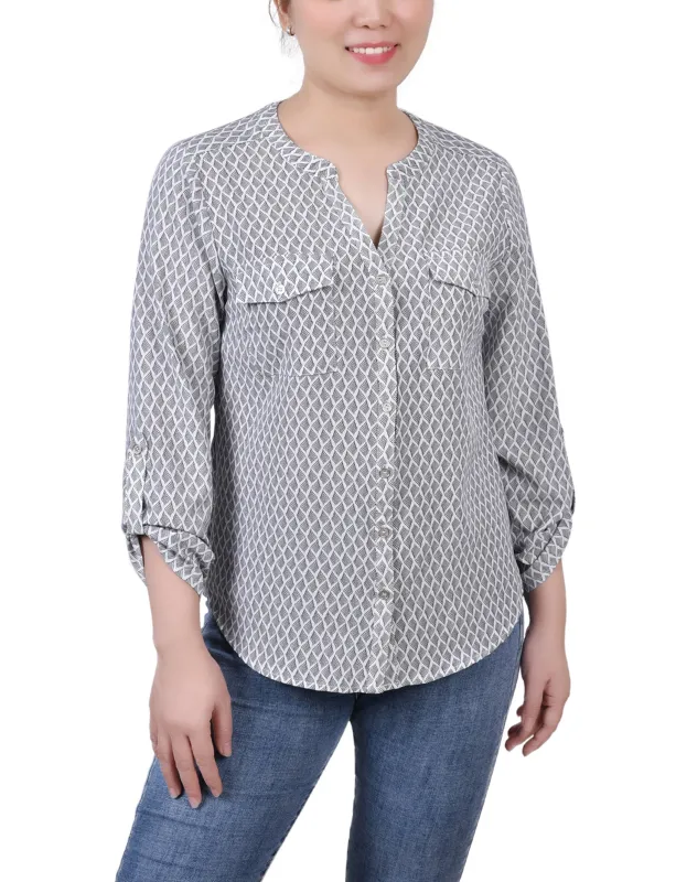 Black White Abstract 3/4 Roll Tab Sleeve Mandarin Collar Blouse - Petite sold by Dress Barn