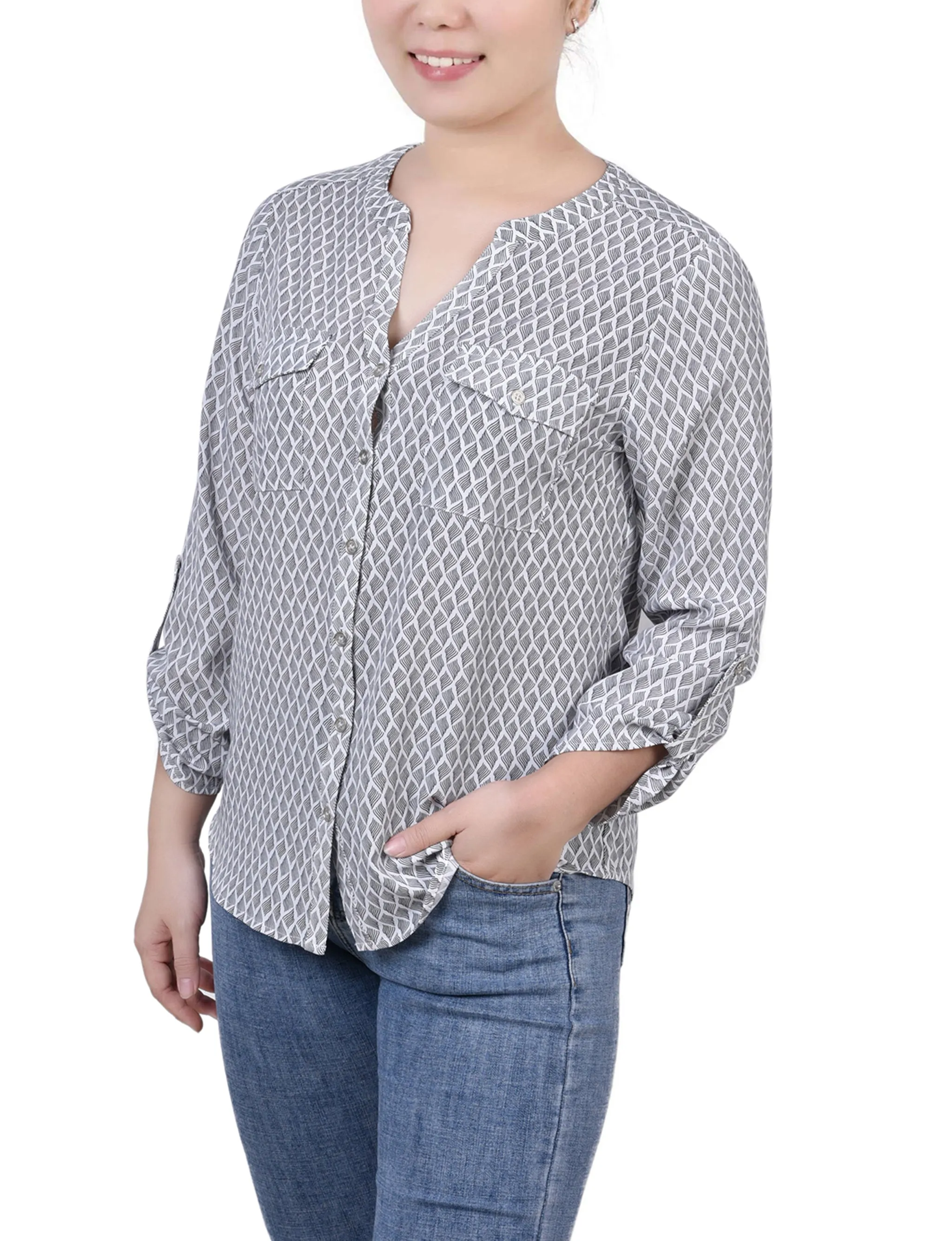 Black White Abstract 3/4 Roll Tab Sleeve Mandarin Collar Blouse - Petite sold by Dress Barn product image thumbnail 2