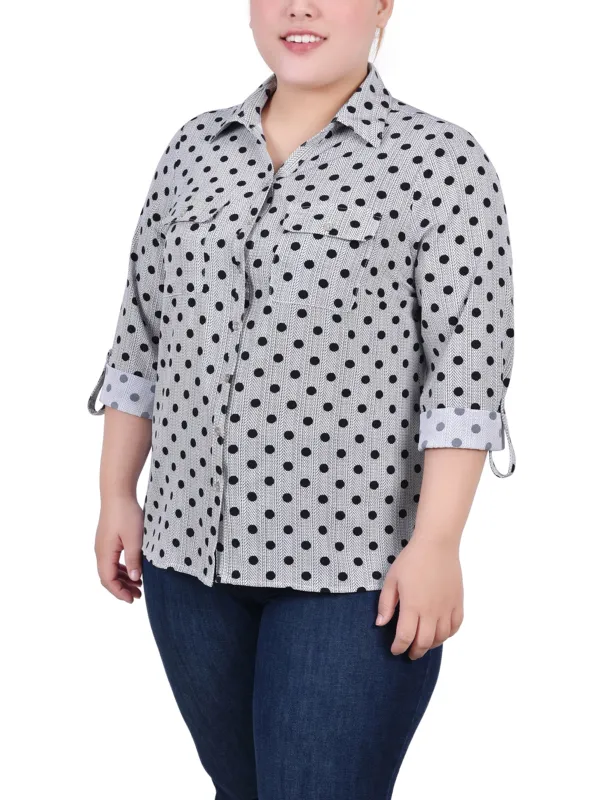 Black White Abstract Dot 3/4 Roll Tab Blouse With Pockets - Plus Size sold by Dress Barn