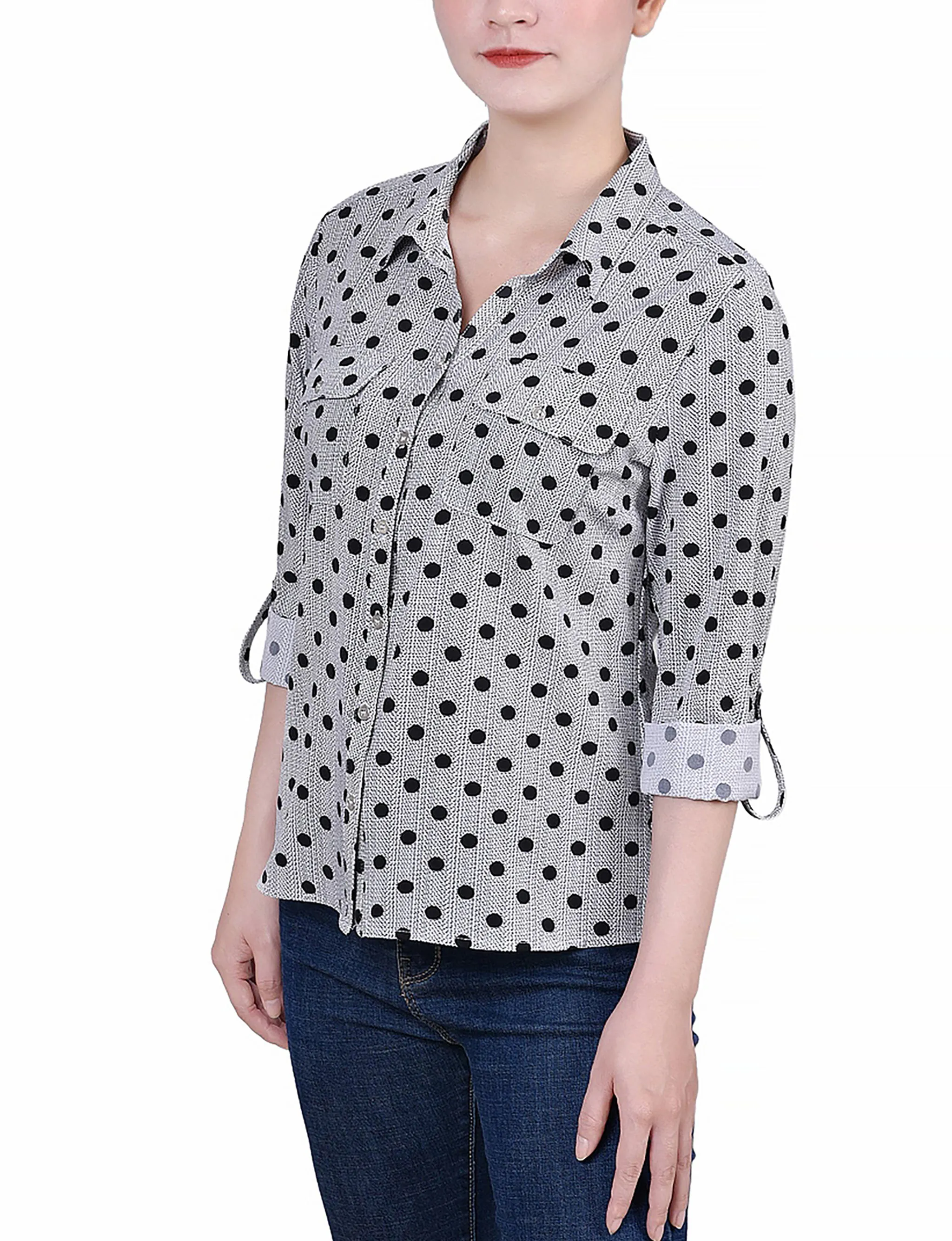 Black White Abstract Dot 3/4 Roll Tab Blouse With Pockets - Petite sold by Dress Barn product image thumbnail 2