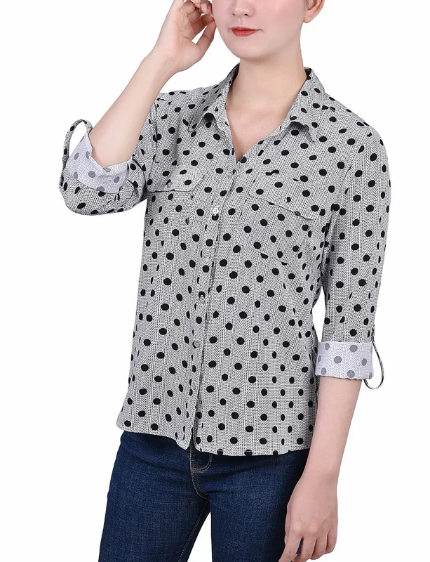 Black White Abstract Dot 3/4 Roll Tab Blouse With Pockets - Petite sold by Dress Barn