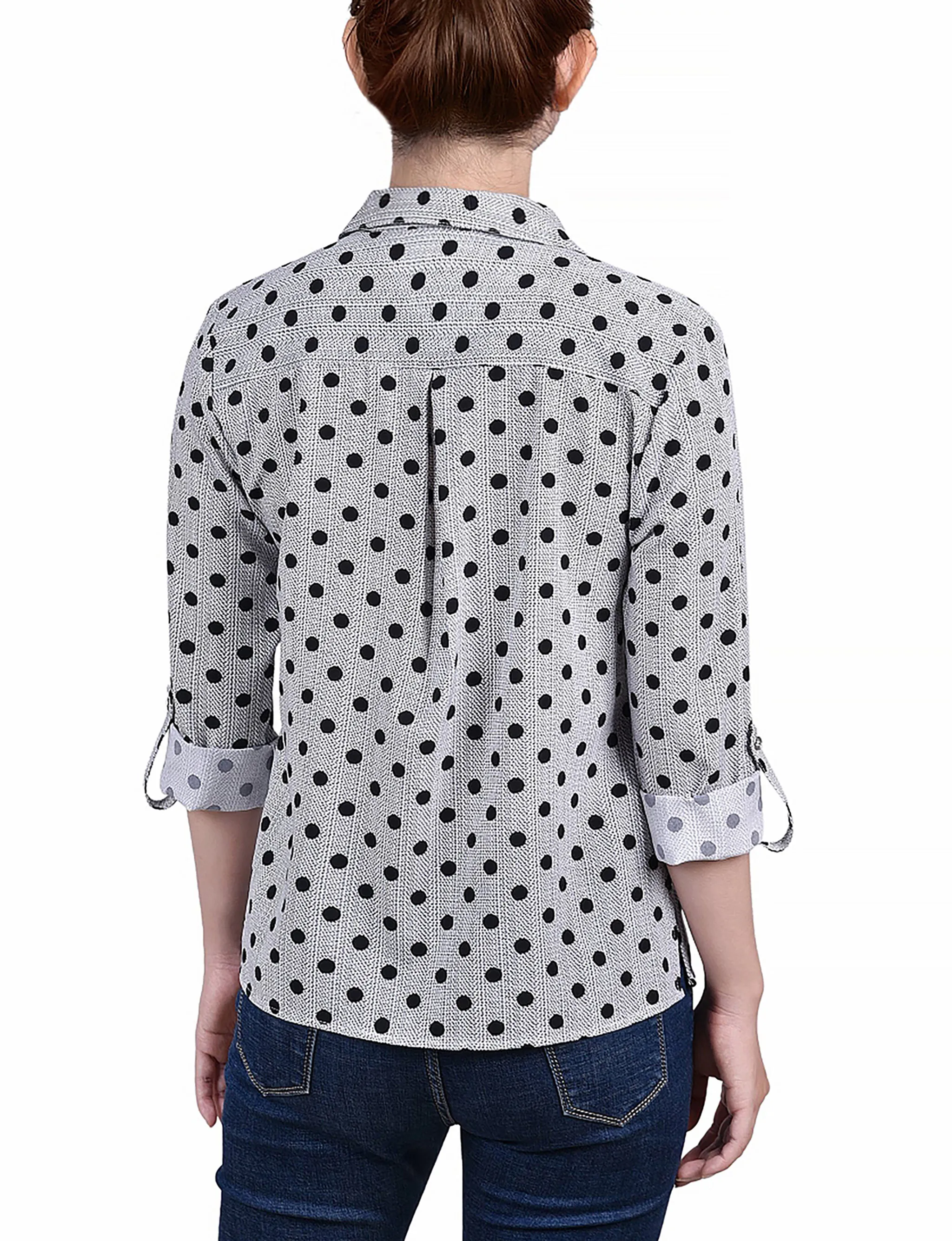 Black White Abstract Dot 3/4 Roll Tab Blouse With Pockets - Petite sold by Dress Barn product image thumbnail 4