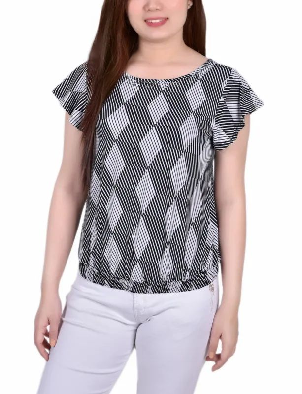 Black White Abstract Flutter Sleeve Top - Petite sold by Dress Barn