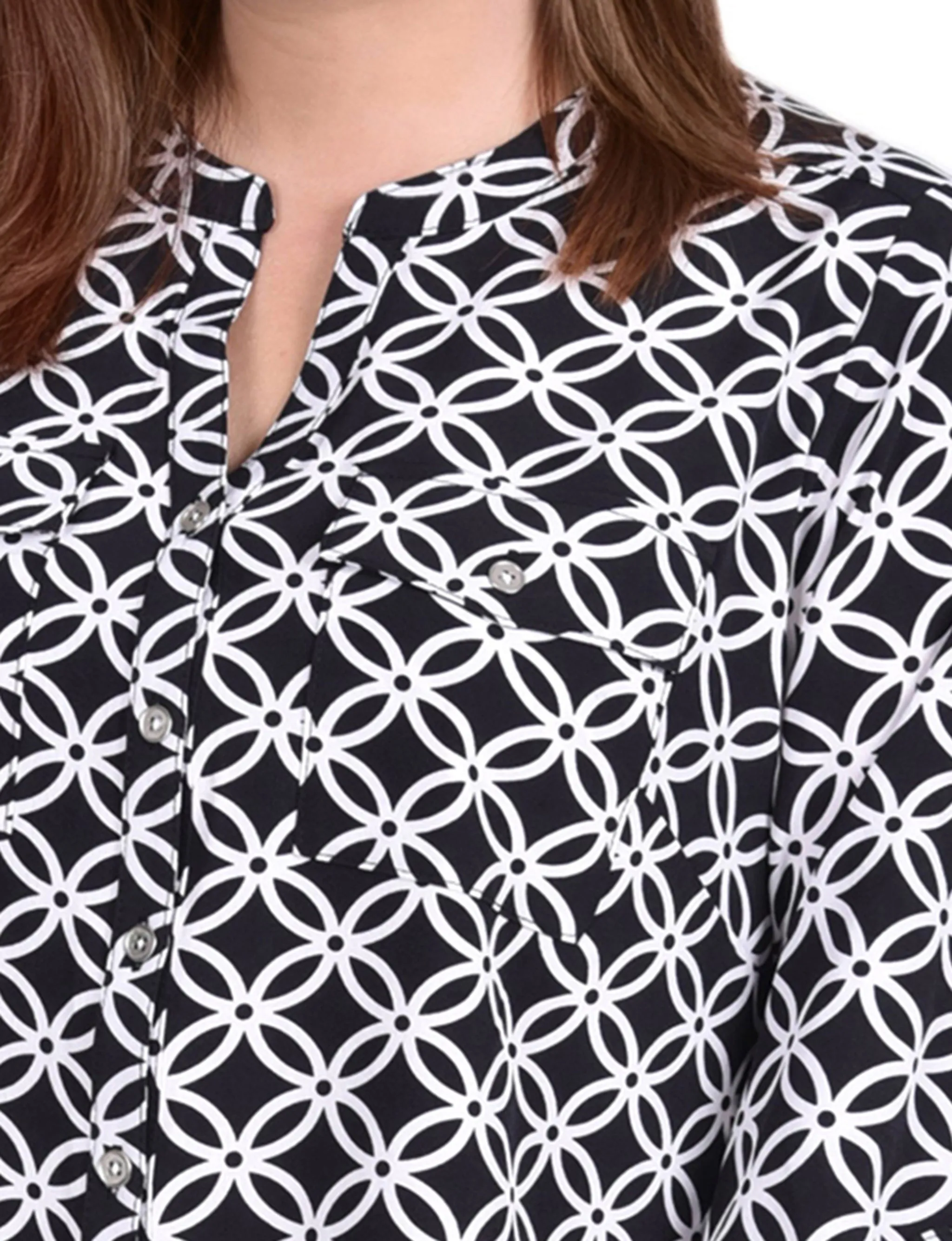 Black White Iconic 3/4 Roll Tab Sleeve Mandarin Collar Blouse - Plus Size sold by Dress Barn product image thumbnail 3