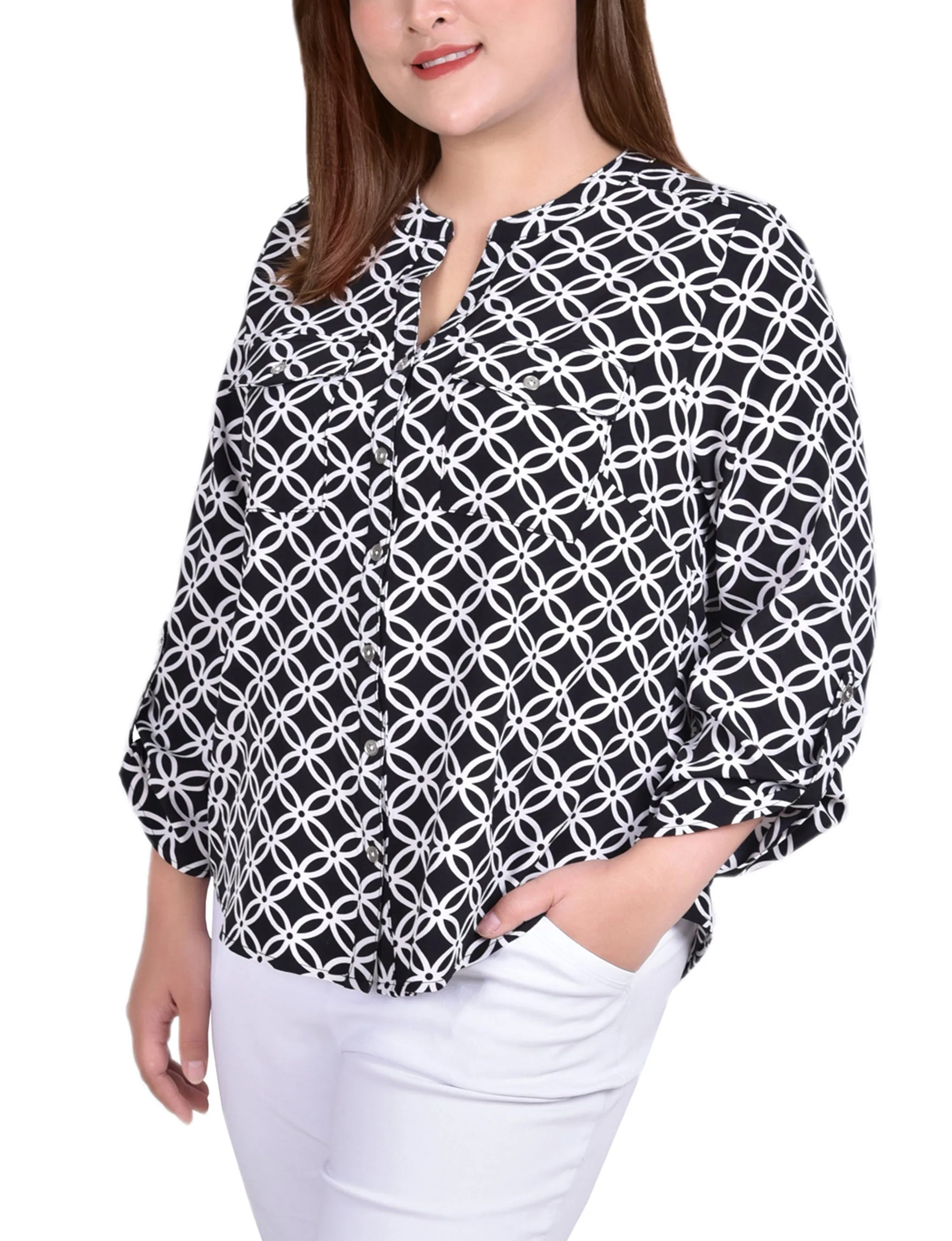 Black White Iconic 3/4 Roll Tab Sleeve Mandarin Collar Blouse - Plus Size sold by Dress Barn product image thumbnail 2
