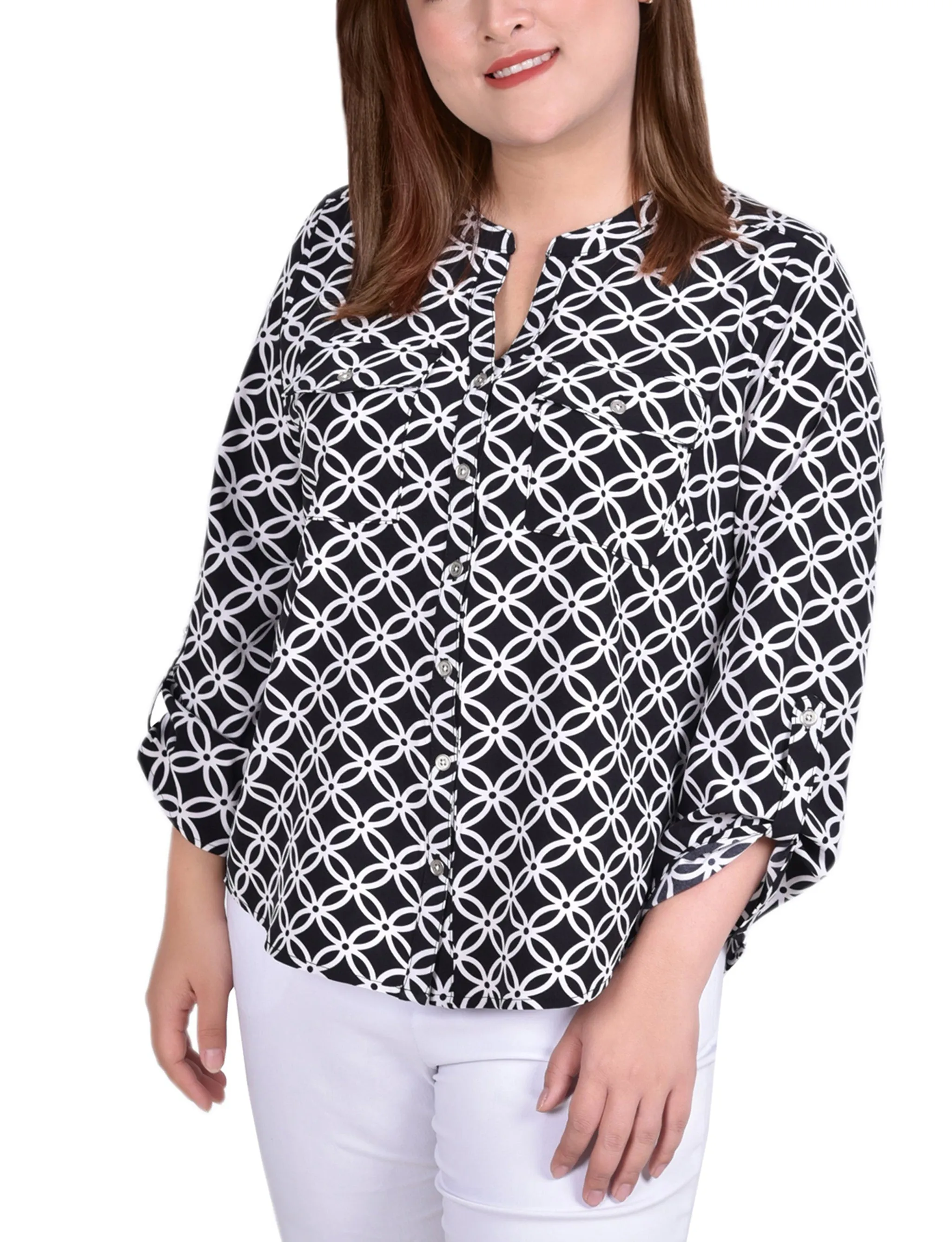 Black White Iconic 3/4 Roll Tab Sleeve Mandarin Collar Blouse - Plus Size sold by Dress Barn