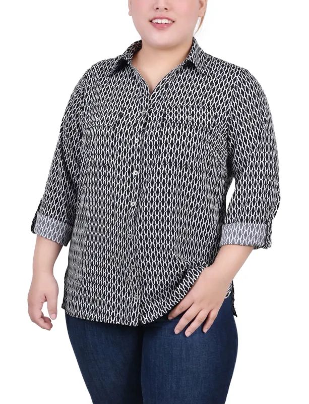 Black White Justin 3/4 Roll Tab Blouse With Pockets - Plus Size sold by Dress Barn