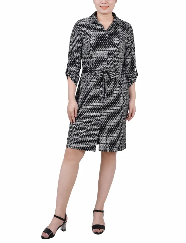Black White Justin 3/4 Roll Tab Sleeve Collared Dress - Petite sold by Dress Barn