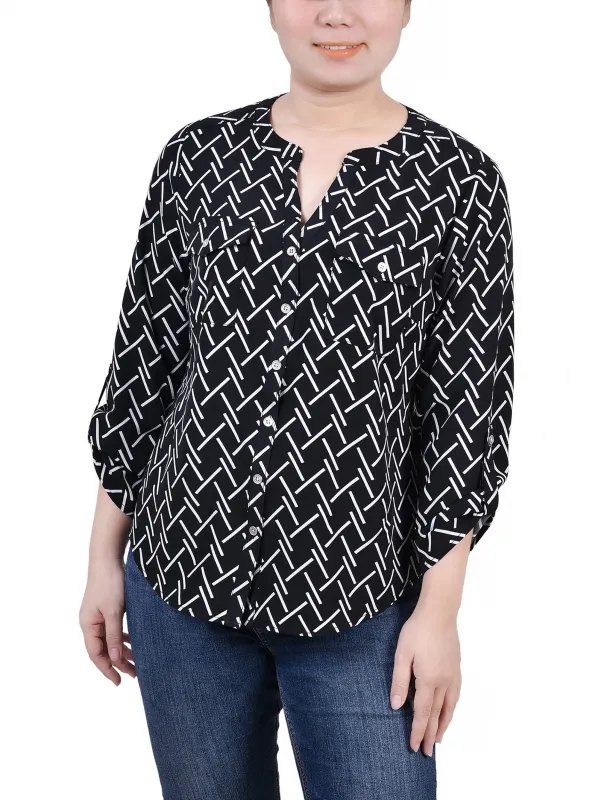 Black White Line Abstract Line 3/4 Roll Tab Sleeve Mandarin Collar Blouse - Petite sold by Dress Barn