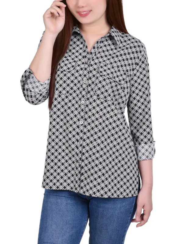 Black White New Iconic 3/4 Roll Tab Blouse With Pockets - Petite sold by Dress Barn