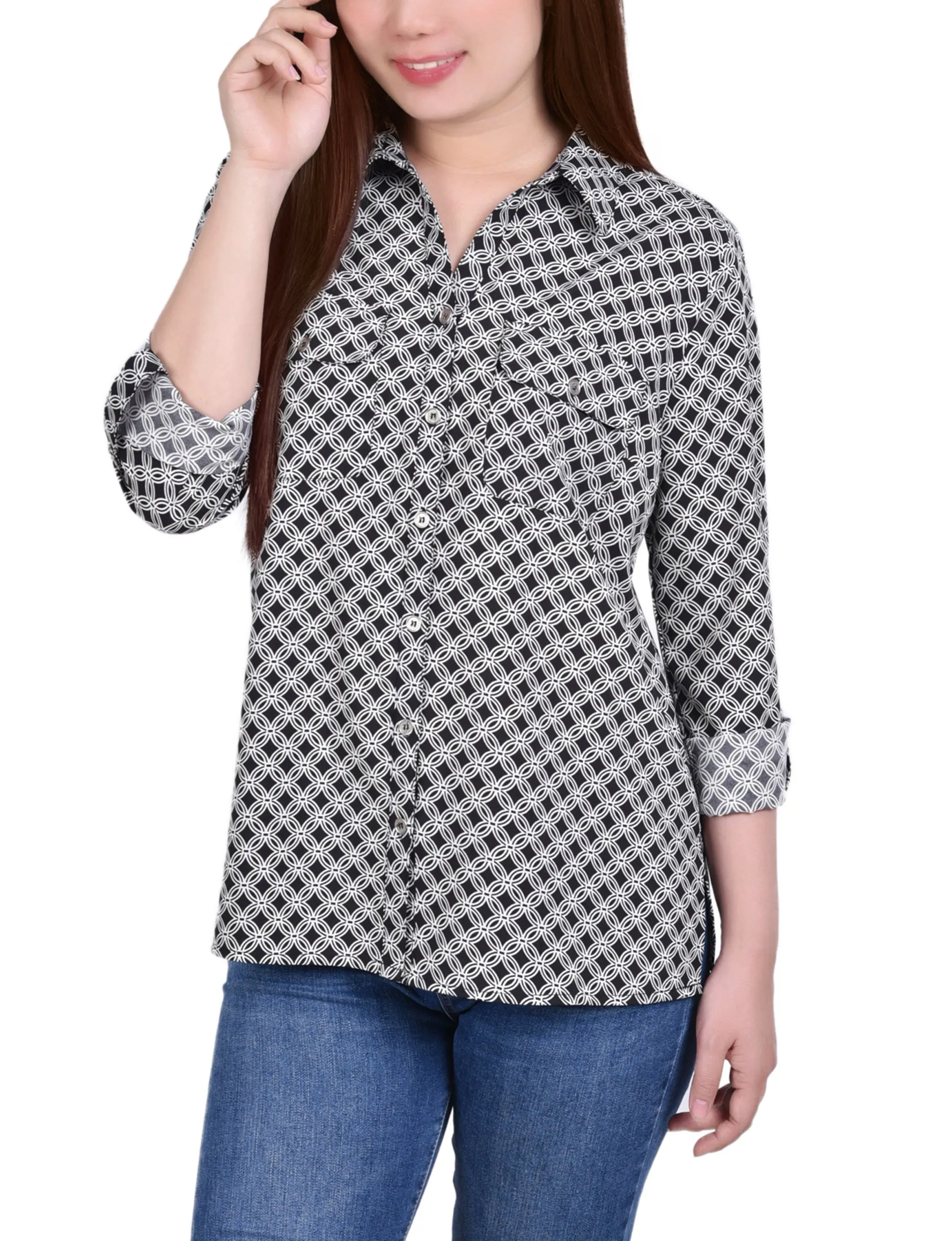 Black White New Iconic 3/4 Roll Tab Blouse With Pockets - Petite sold by Dress Barn