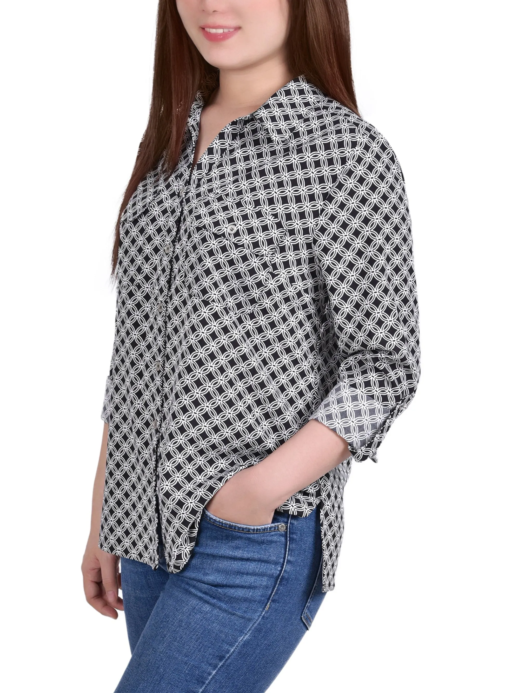 Black White New Iconic 3/4 Roll Tab Blouse With Pockets - Petite sold by Dress Barn product image thumbnail 2