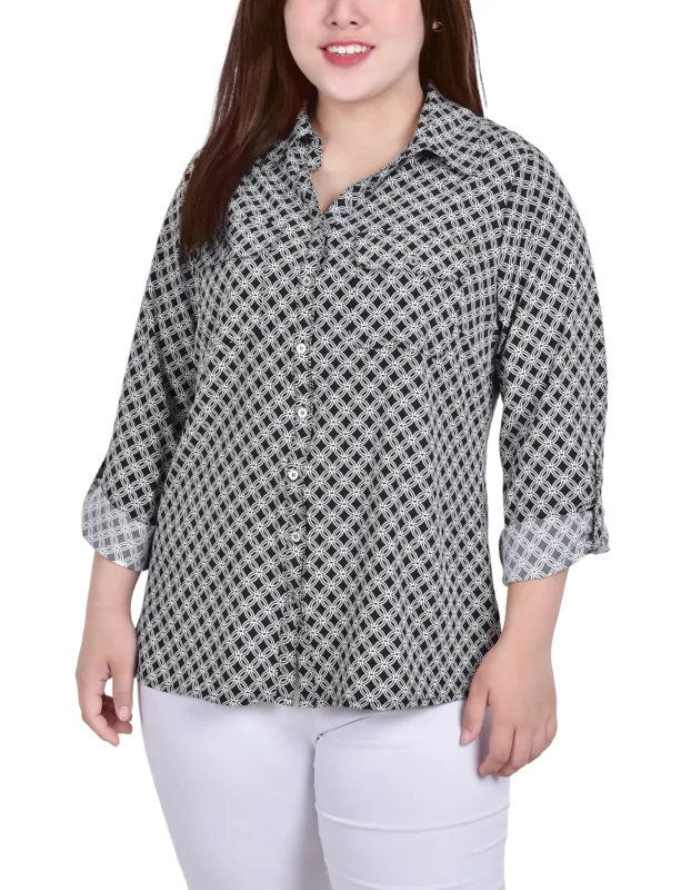 Black White New Iconic 3/4 Roll Tab Blouse With Pockets - Plus Size sold by Dress Barn