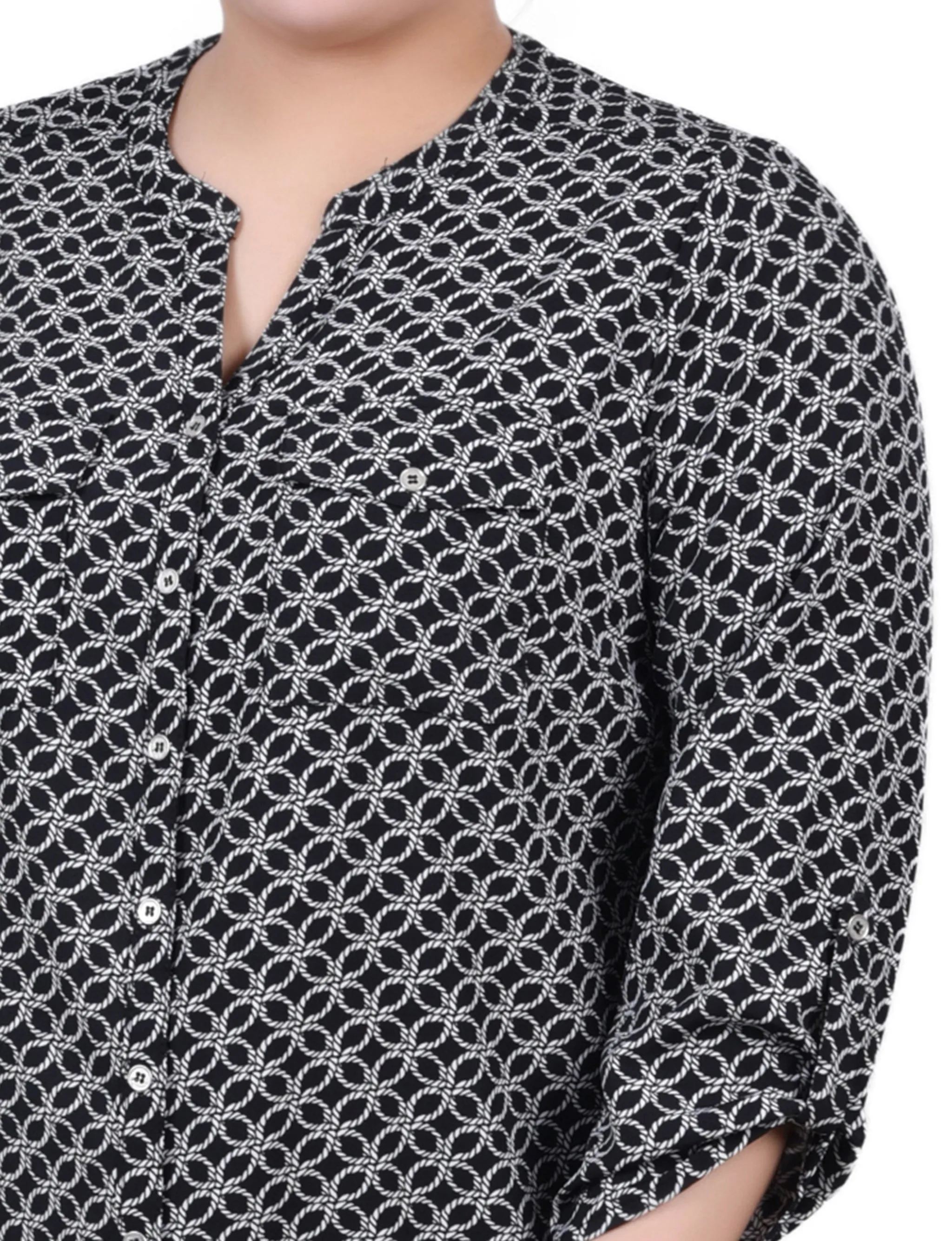 Black White Rope Iconic 3/4 Roll Tab Sleeve Mandarin Collar Blouse - Plus Size sold by Dress Barn product image thumbnail 3