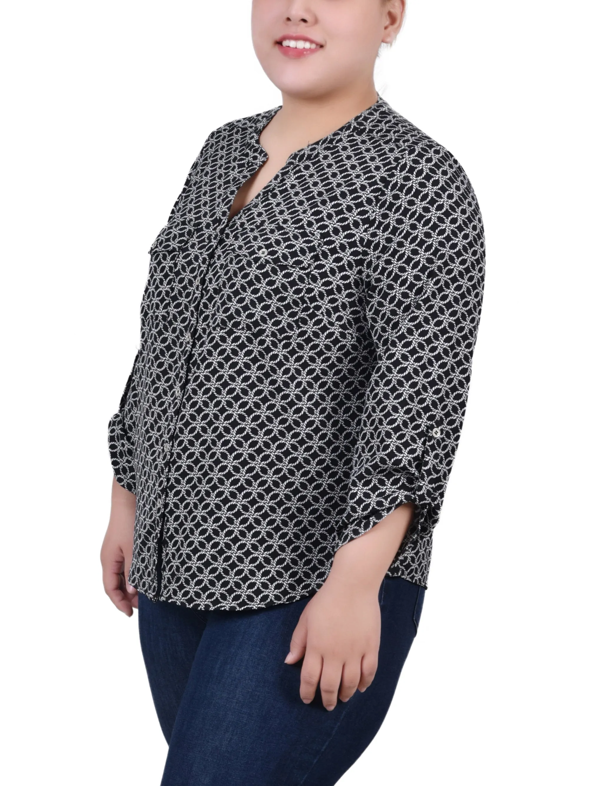 Black White Rope Iconic 3/4 Roll Tab Sleeve Mandarin Collar Blouse - Plus Size sold by Dress Barn product image thumbnail 2