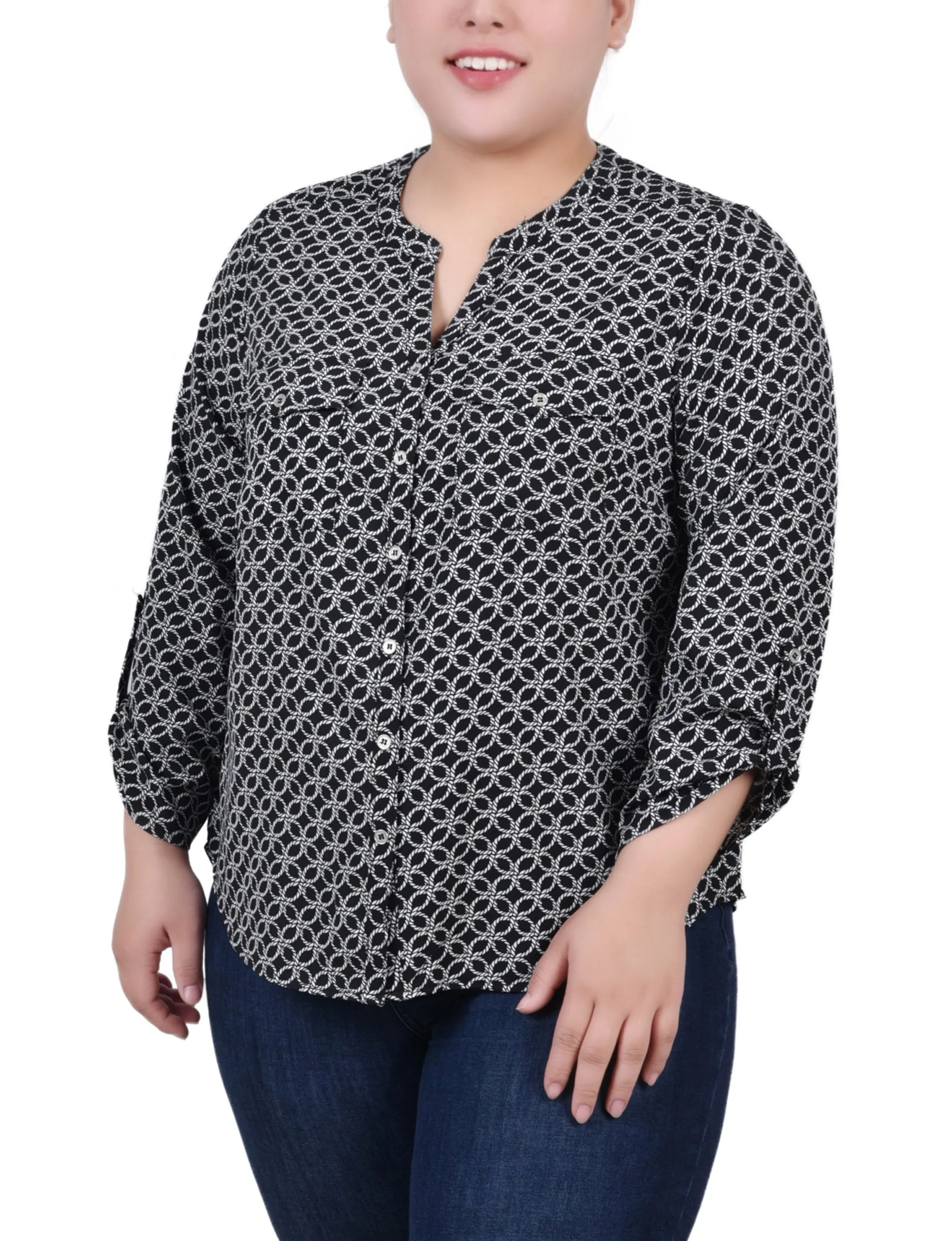 Black White Rope Iconic 3/4 Roll Tab Sleeve Mandarin Collar Blouse - Plus Size sold by Dress Barn