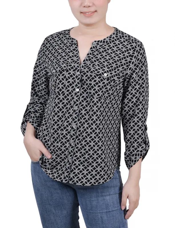 Black White Rope Iconic 3/4 Roll Tab Sleeve Mandarin Collar Blouse - Petite sold by Dress Barn
