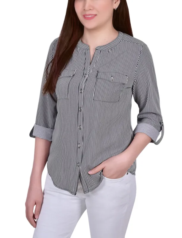 Black White Torterella 3/4 Roll Tab Sleeve Mandarin Collar Blouse - Petite sold by Dress Barn