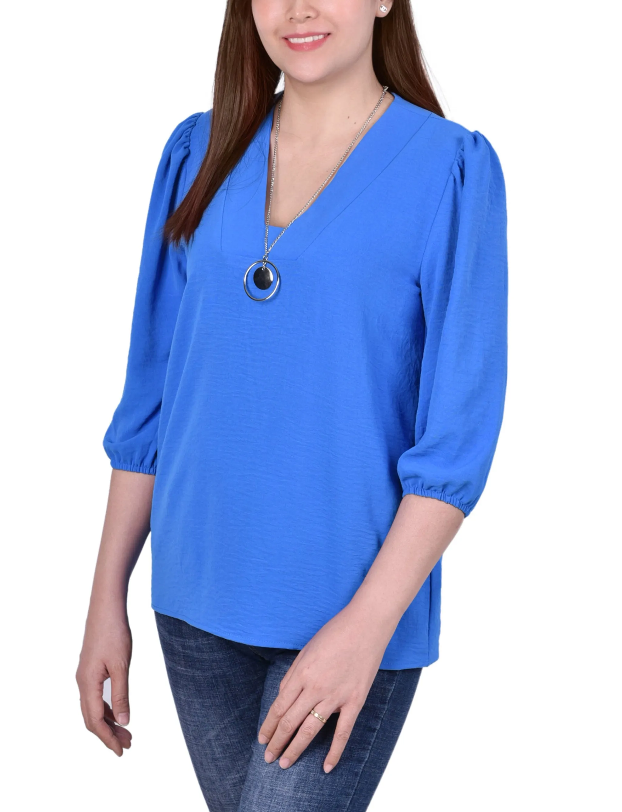 Blue 3/4 Sleeve Blouse With Necklace - Petite sold by Dress Barn product image thumbnail 2