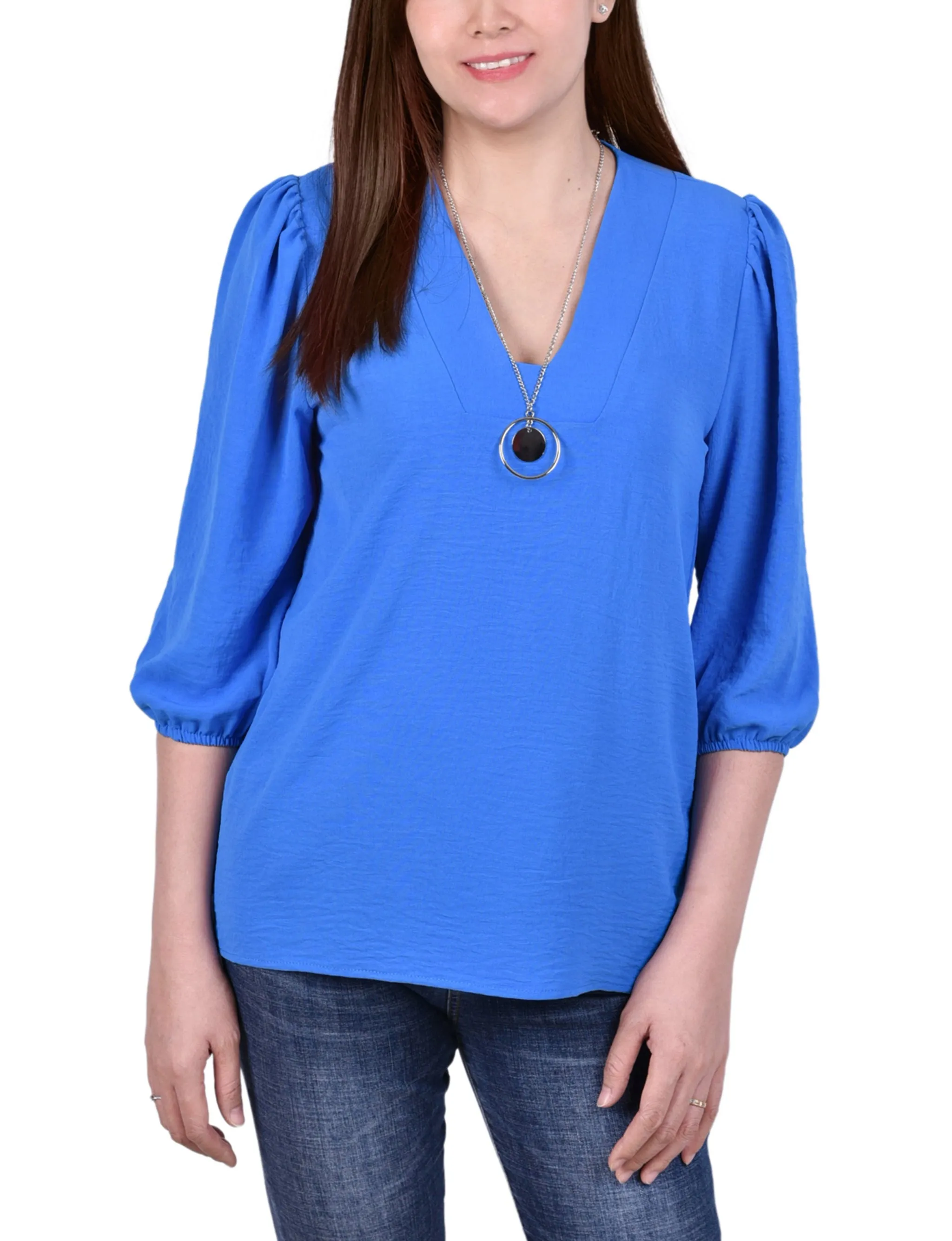Blue 3/4 Sleeve Blouse With Necklace - Petite sold by Dress Barn