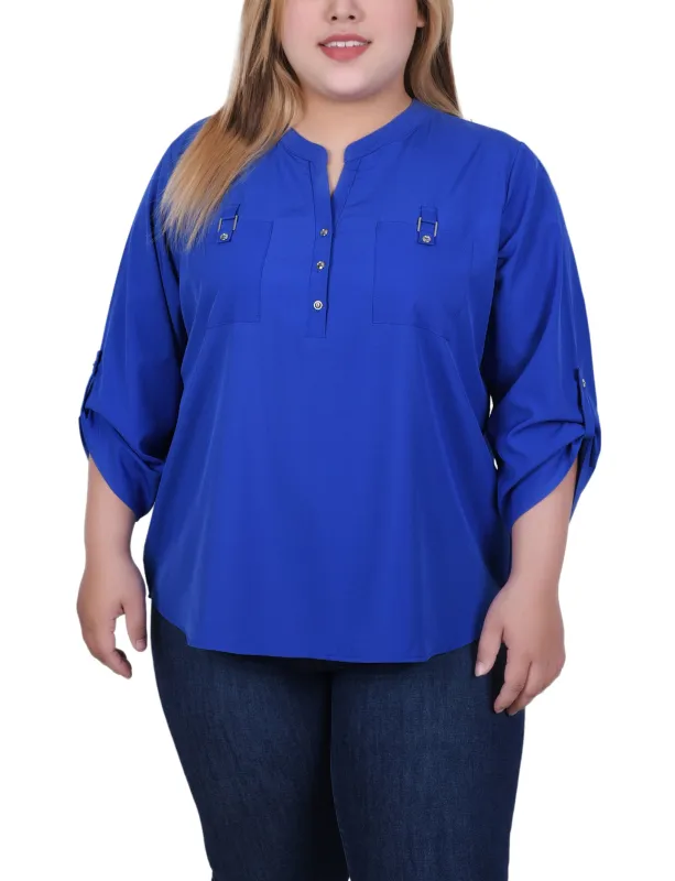 Blue 3/4 Tabbed Sleeve Y Neck Blouse - Plus Size sold by Dress Barn