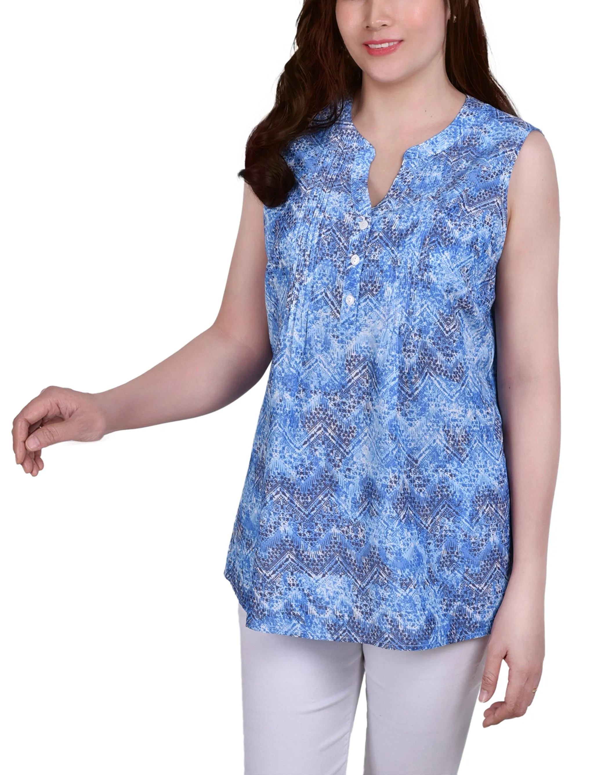 Blue Chevron Sleeveless Pintucked Blouse sold by Dress Barn