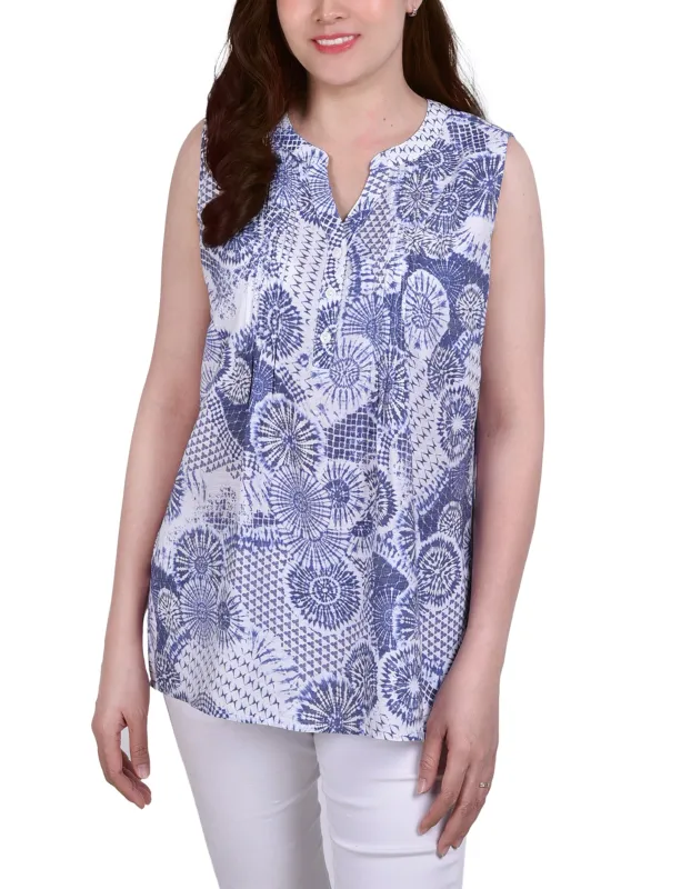 Blue Floral Stamp Sleeveless Pintucked Blouse sold by Dress Barn