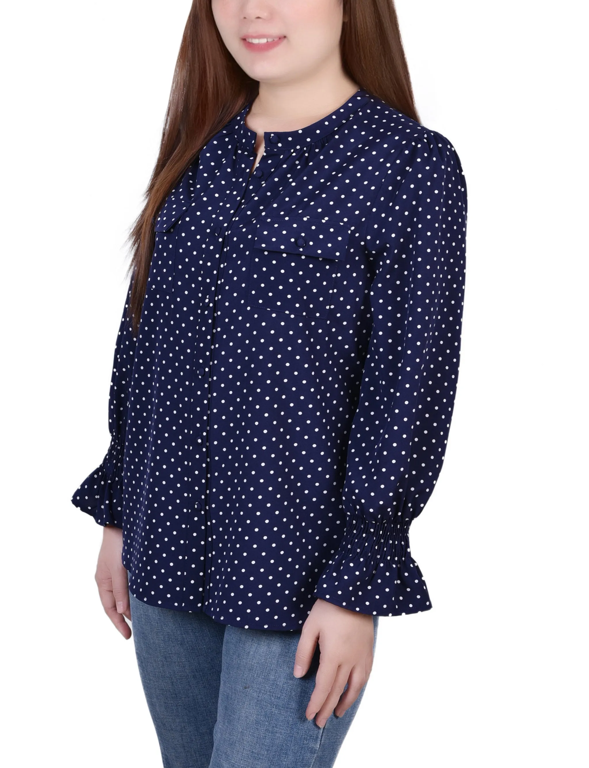 Blue Long Sleeve Button Front Blouse - Petite sold by Dress Barn product image thumbnail 2