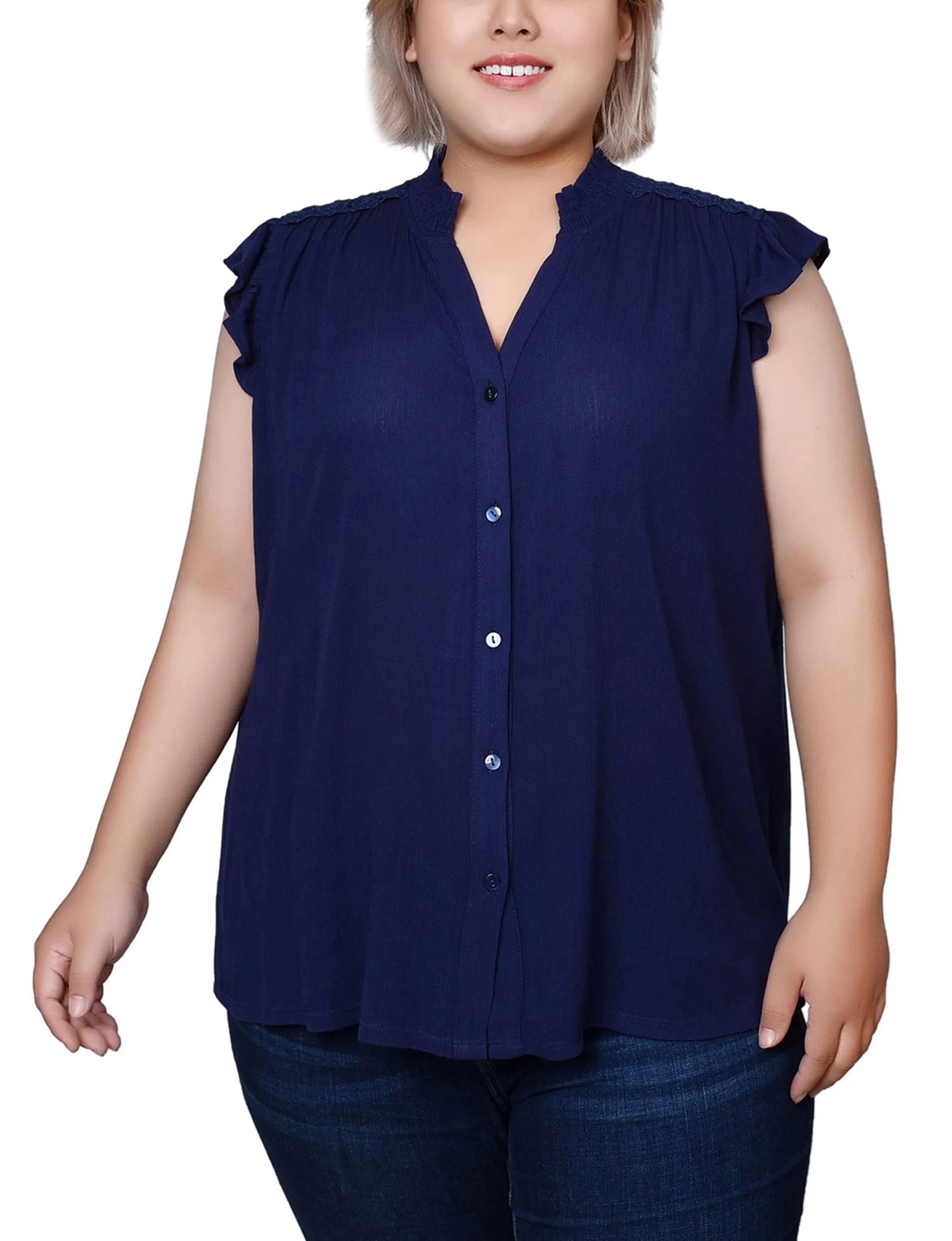 Blue Short Flutter Sleeve Crepon Blouse - Plus Size sold by Dress Barn
