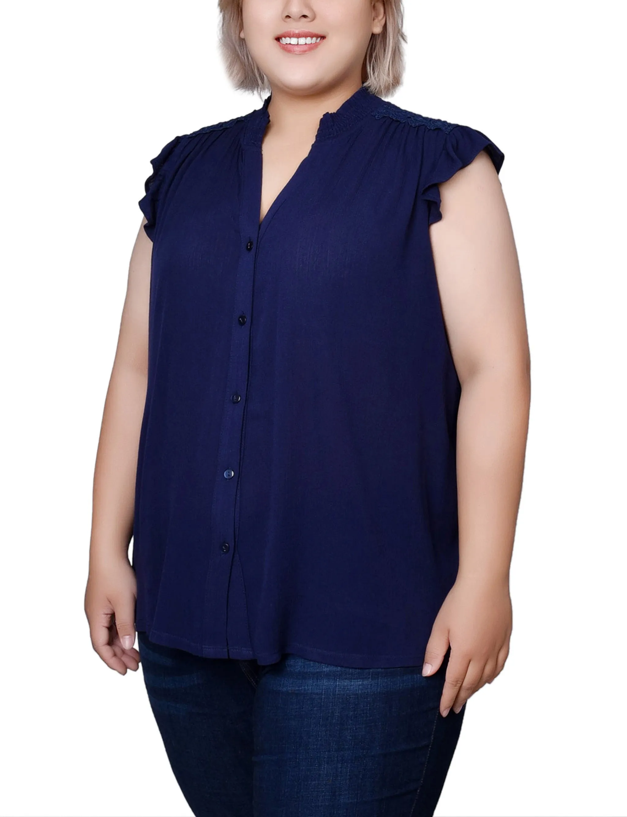 Blue Short Flutter Sleeve Crepon Blouse - Plus Size sold by Dress Barn product image thumbnail 2