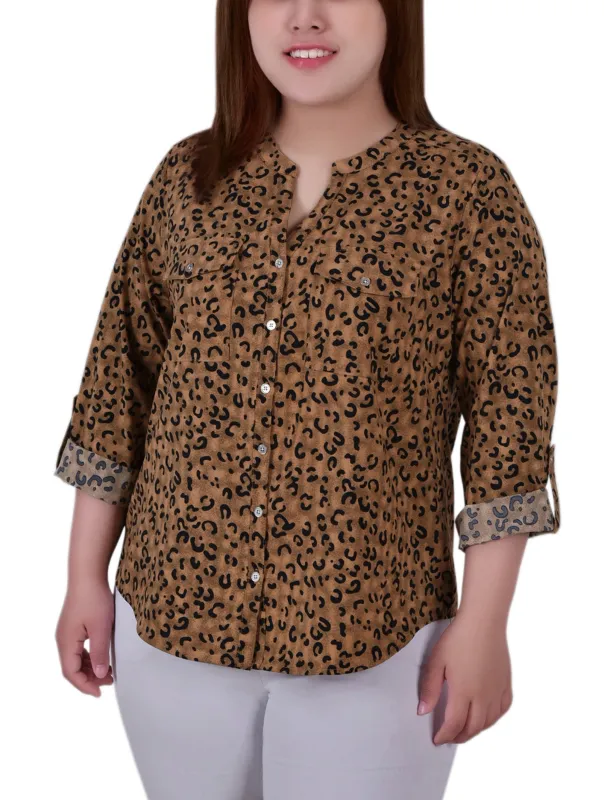 Brown 3/4 Roll Tab Sleeve Mandarin Collar Blouse - Plus Size sold by Dress Barn