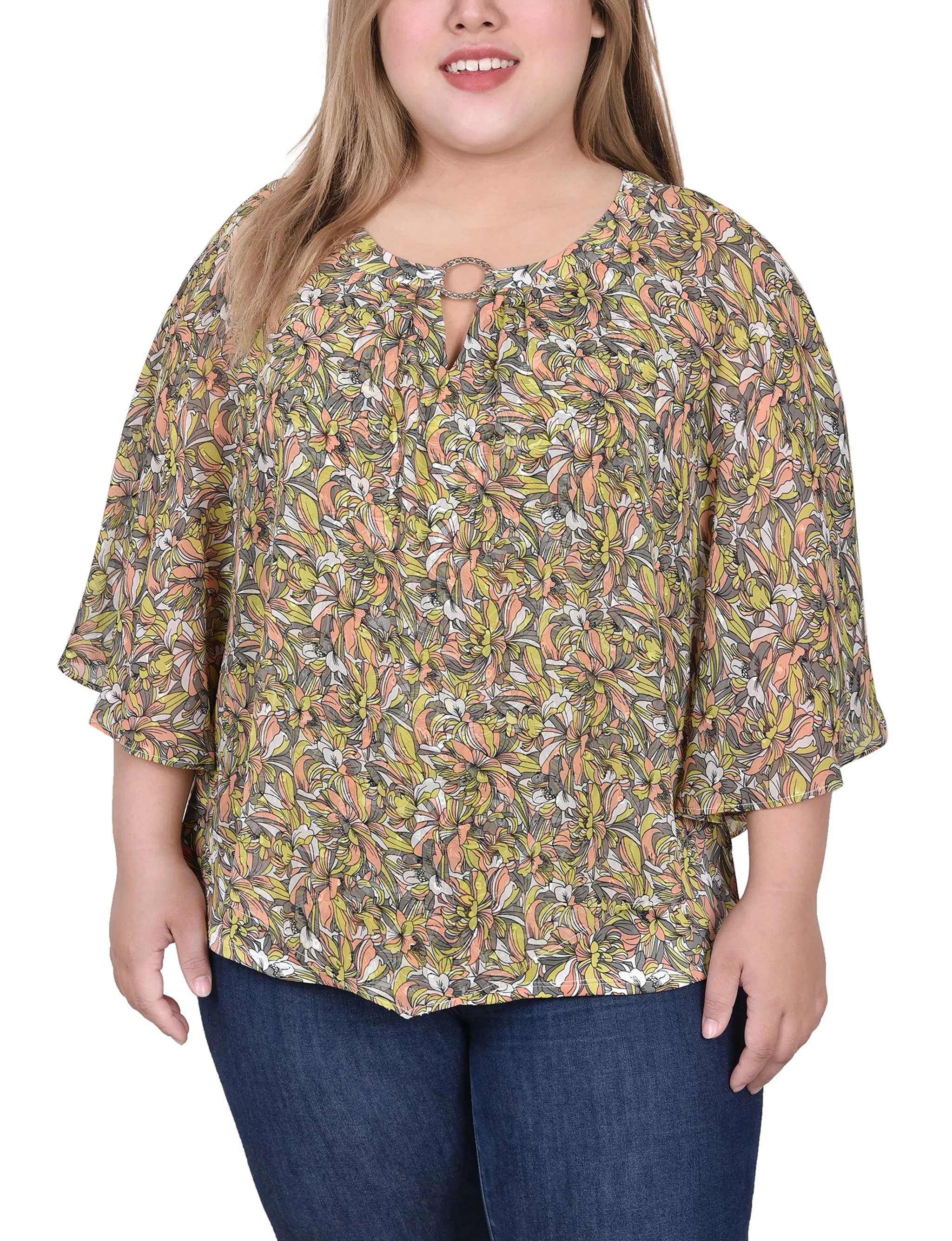 Coral Grey Must Blossom Chiffon Popover Blouse - Plus Size sold by Dress Barn