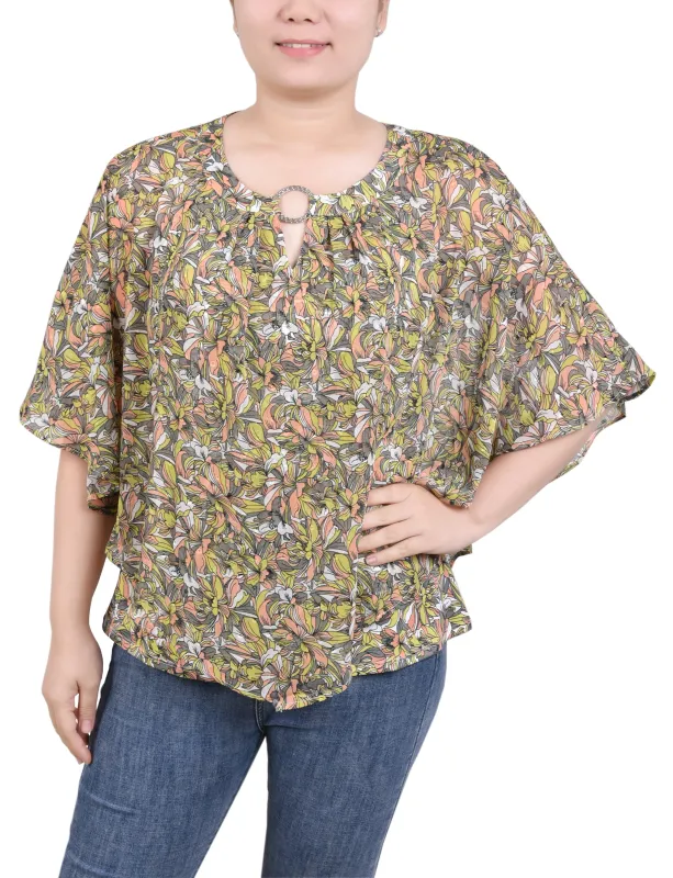 Coral Grey Must Blossom Chiffon Popover Blouse made by Dress Barn