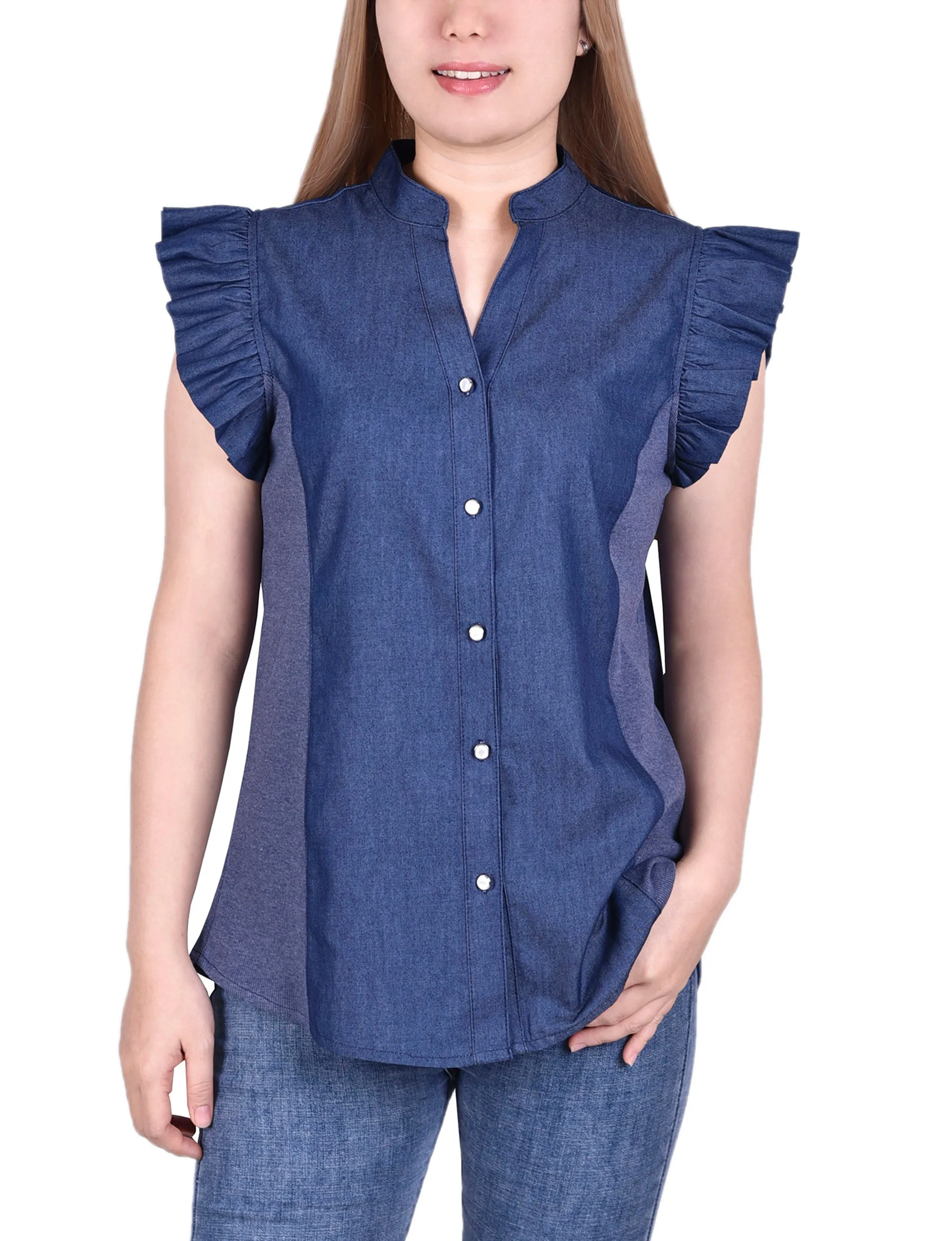 Dk Wash Ruffle Sleeve Blouse With Knit Side Seam Insets - Petite sold by Dress Barn