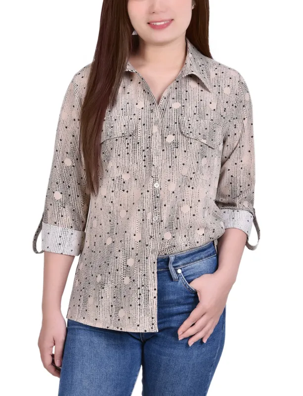 Doeskin Black Nursedot 3/4 Roll Tab Blouse With Pockets - Petite sold by Dress Barn