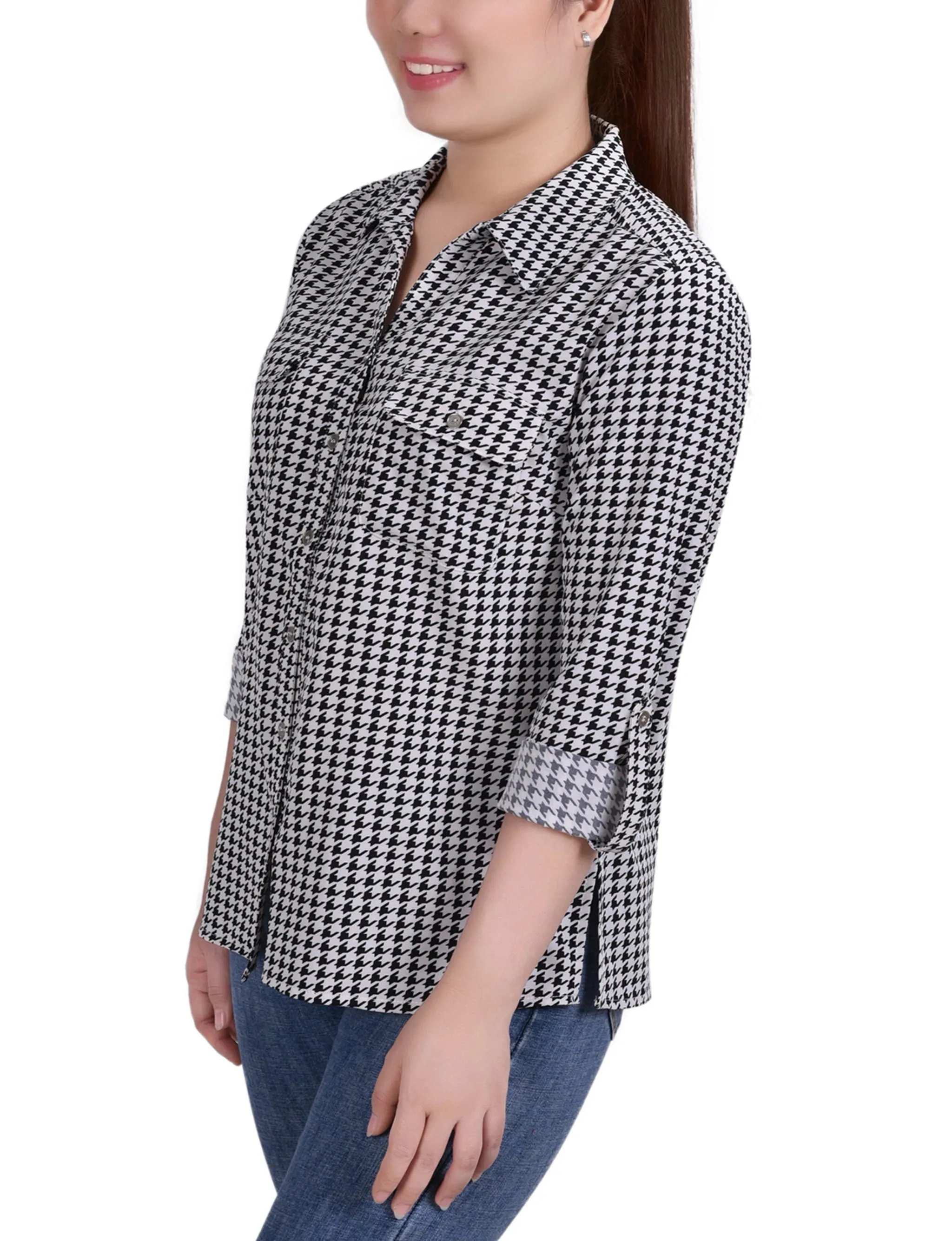 Doeskin W Black Herringbone 3/4 Roll Tab Blouse With Pockets - Petite sold by Dress Barn product image thumbnail 2
