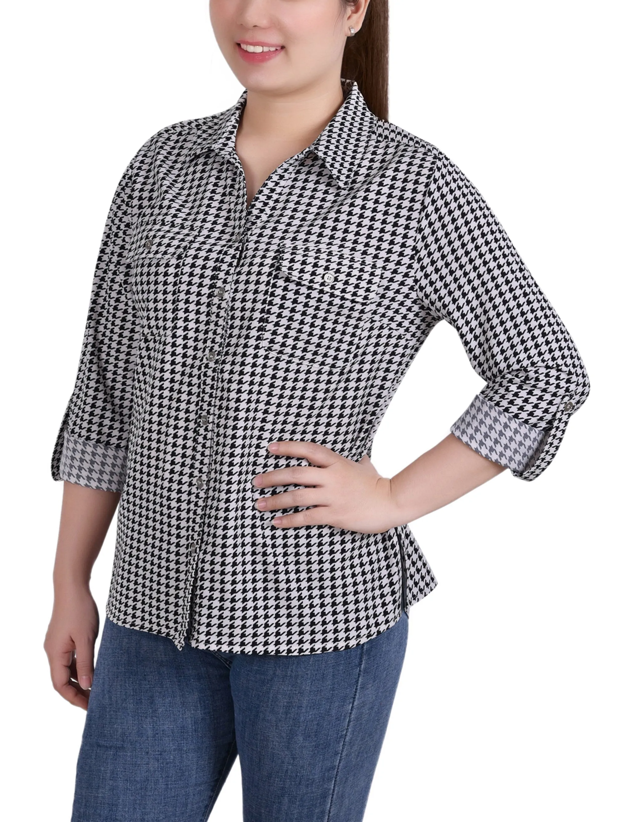 Doeskin W Black Herringbone 3/4 Roll Tab Blouse With Pockets - Petite sold by Dress Barn