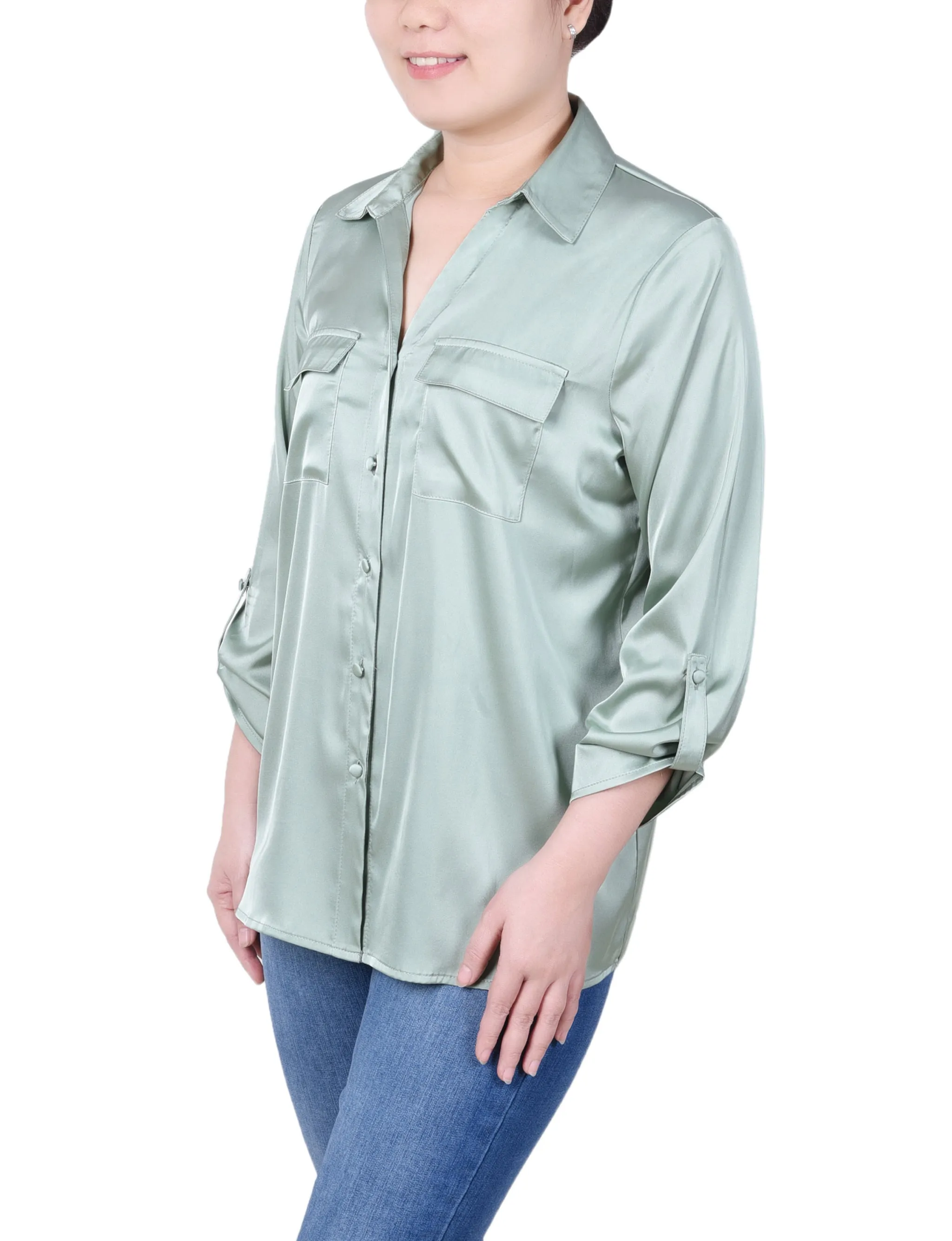 Frosty Green 3/4 Sleeve Roll Tab Satin Blouse sold by Dress Barn product image thumbnail 2