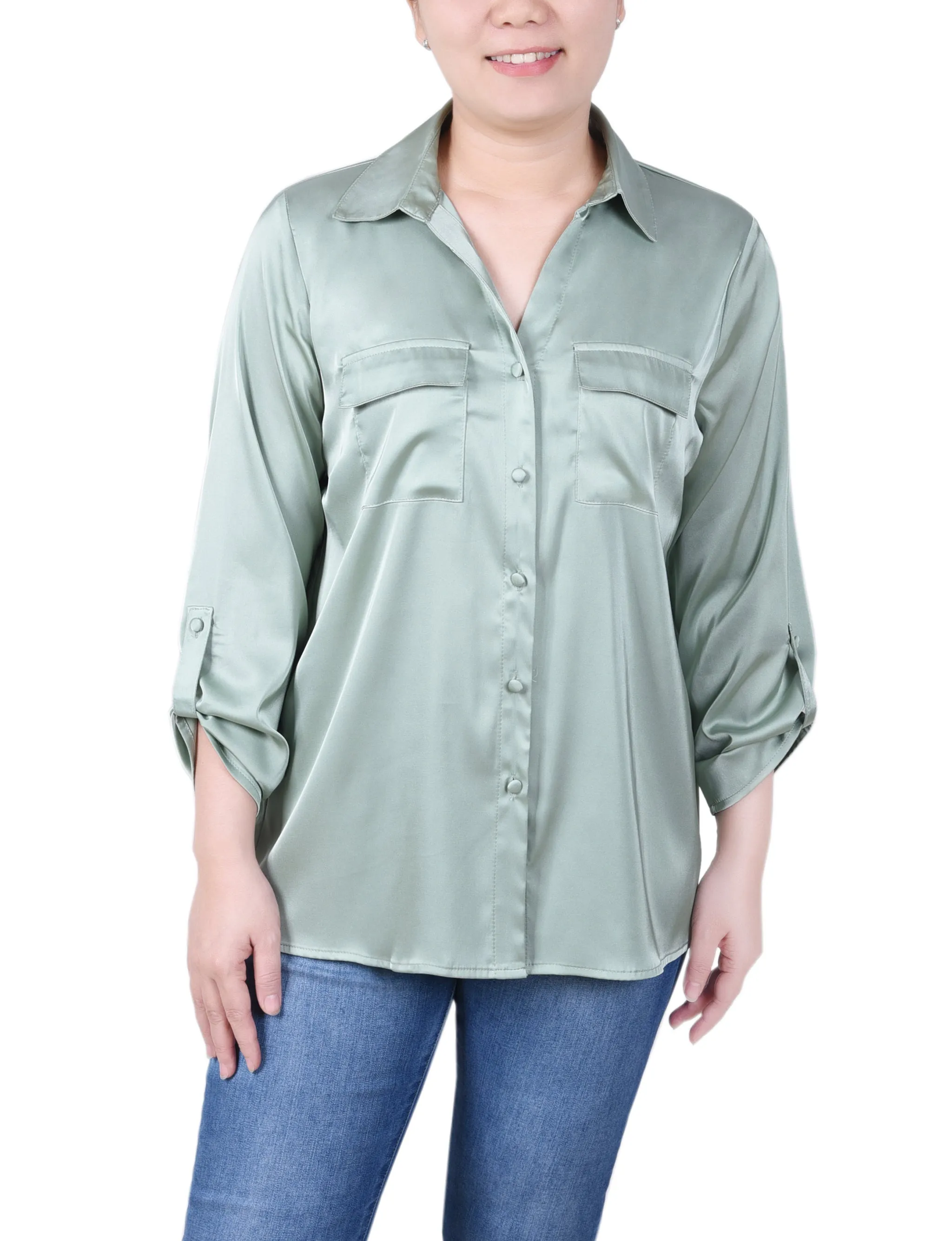 Frosty Green 3/4 Sleeve Roll Tab Satin Blouse sold by Dress Barn