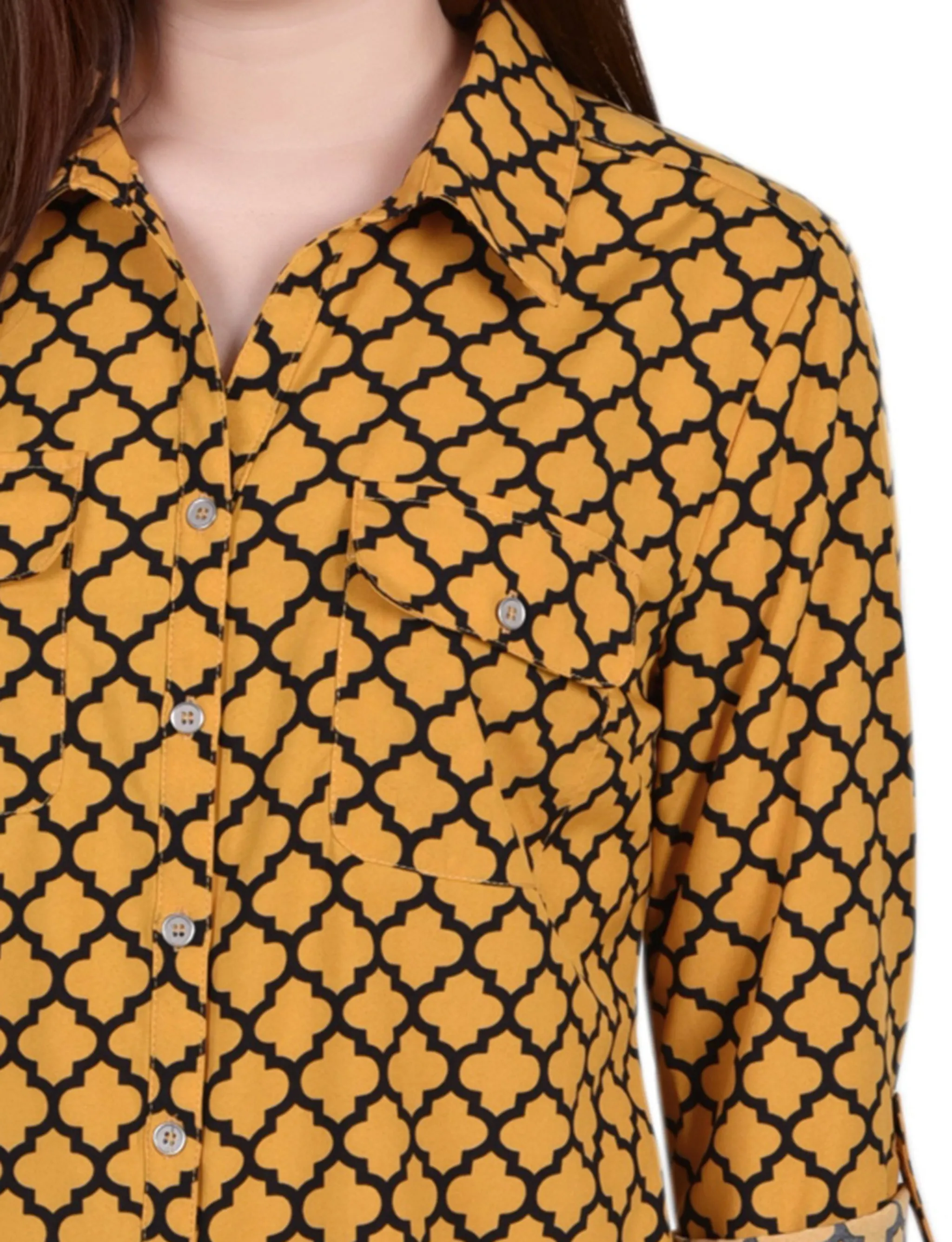 Golden Glow Black Fleur De Li 3/4 Roll Tab Blouse With Pockets - Petite sold by Dress Barn product image thumbnail 3