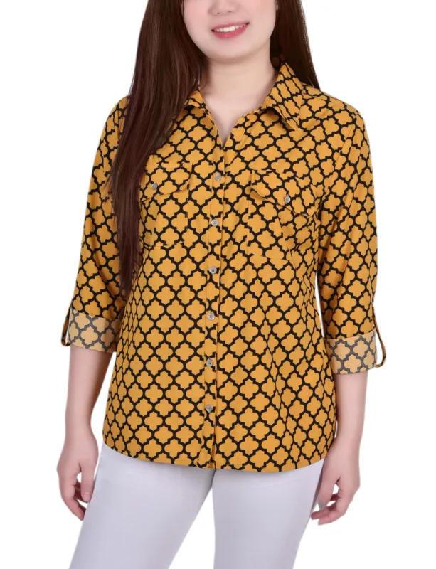 Golden Glow Black Fleur De Li 3/4 Roll Tab Blouse With Pockets - Petite sold by Dress Barn