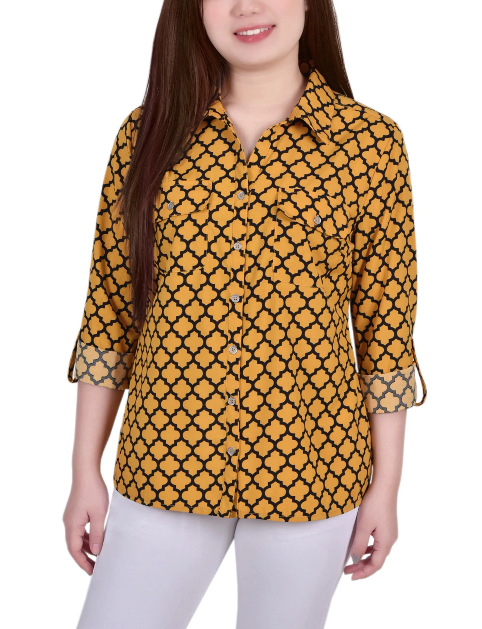Golden Glow Black Fleur De Li 3/4 Roll Tab Blouse With Pockets - Petite sold by Dress Barn
