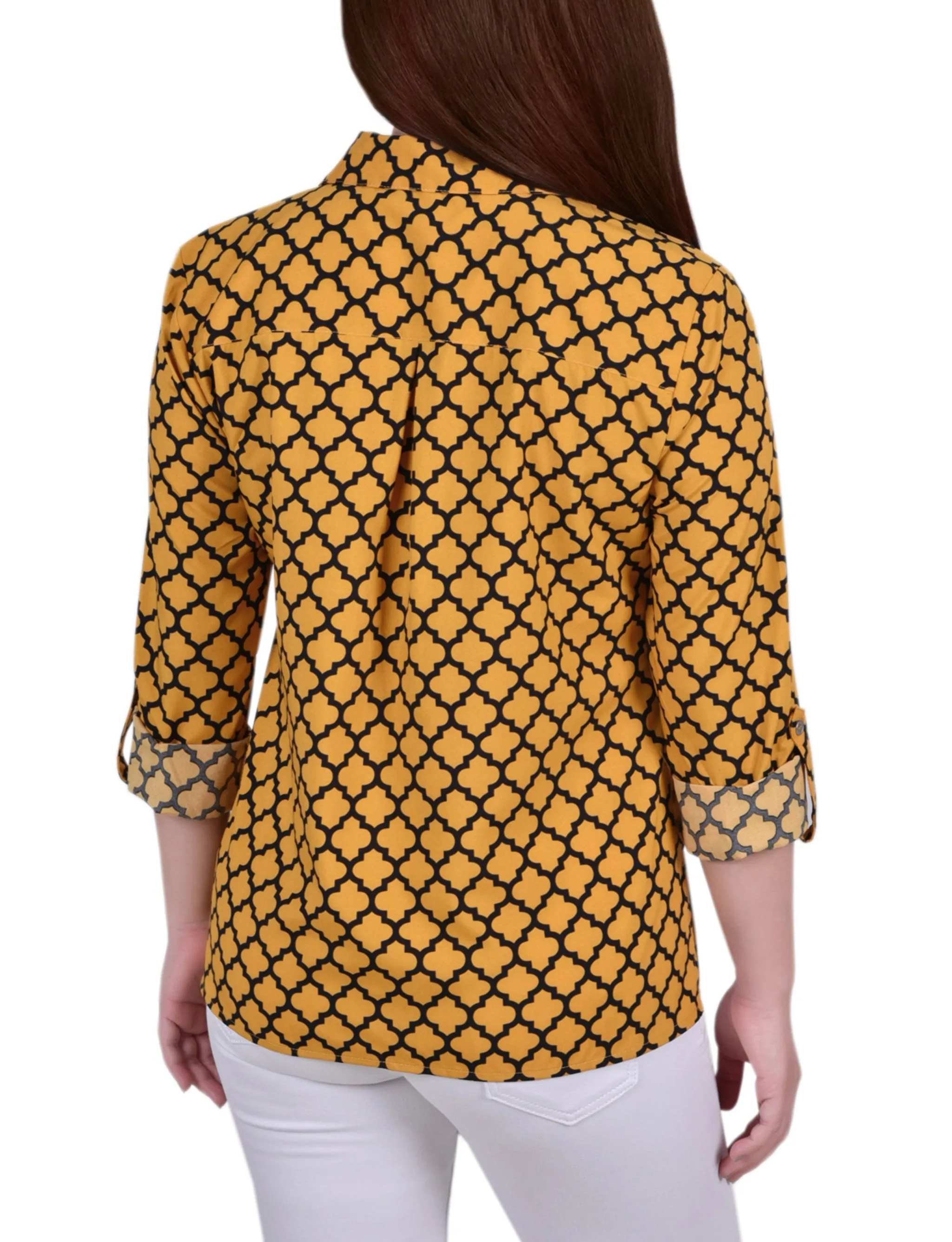 Golden Glow Black Fleur De Li 3/4 Roll Tab Blouse With Pockets - Petite sold by Dress Barn product image thumbnail 4